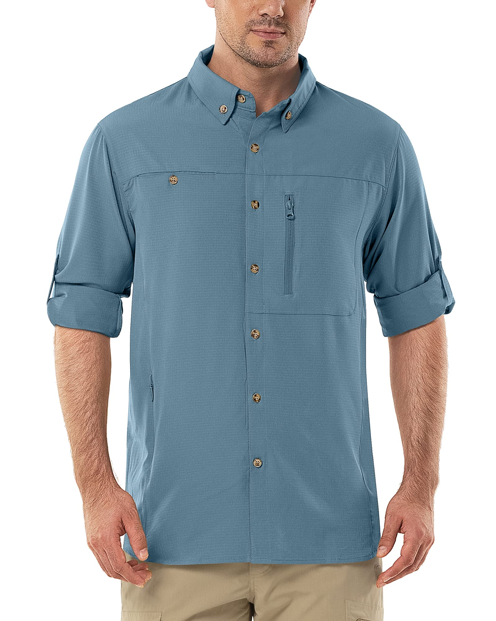 Camisa de manga larga para hombre, camisa de manga larga, de secado rápido, ligera, transpirable, protección UV 50+, con bolsillos, camisa de trabajo para pesca, correr, senderismo, camping