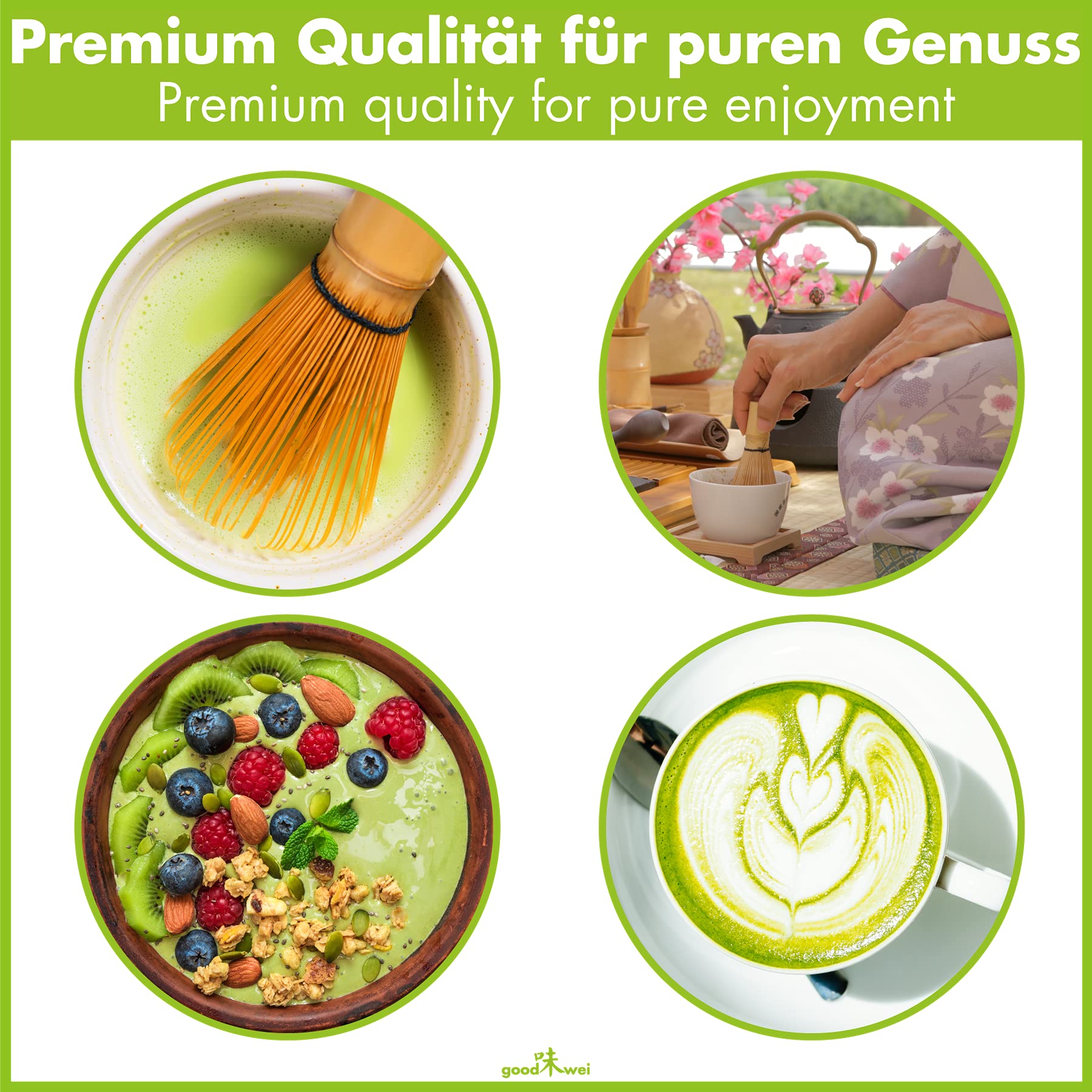 Goodwei BIO Matcha zestaw Duo z dwoma miseczkami do matchy, uchwyt na miotłę matcha z ceramiki i organicznej herbaty matcha z Japonii, ceremonia herbaty dla dwojga (Uji)