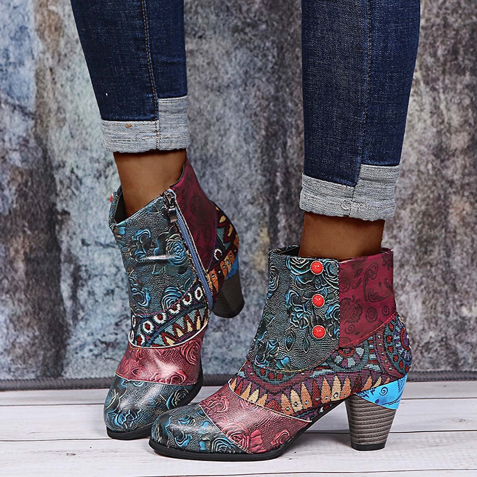 Bottes western pour femme - Vintage - En cuir - Fleurs - Bottes courtes - Bottes de motard - Bottes de cowboy - Bottines d'équitation - Bottines de cowboy - Bottines de travail à enfiler