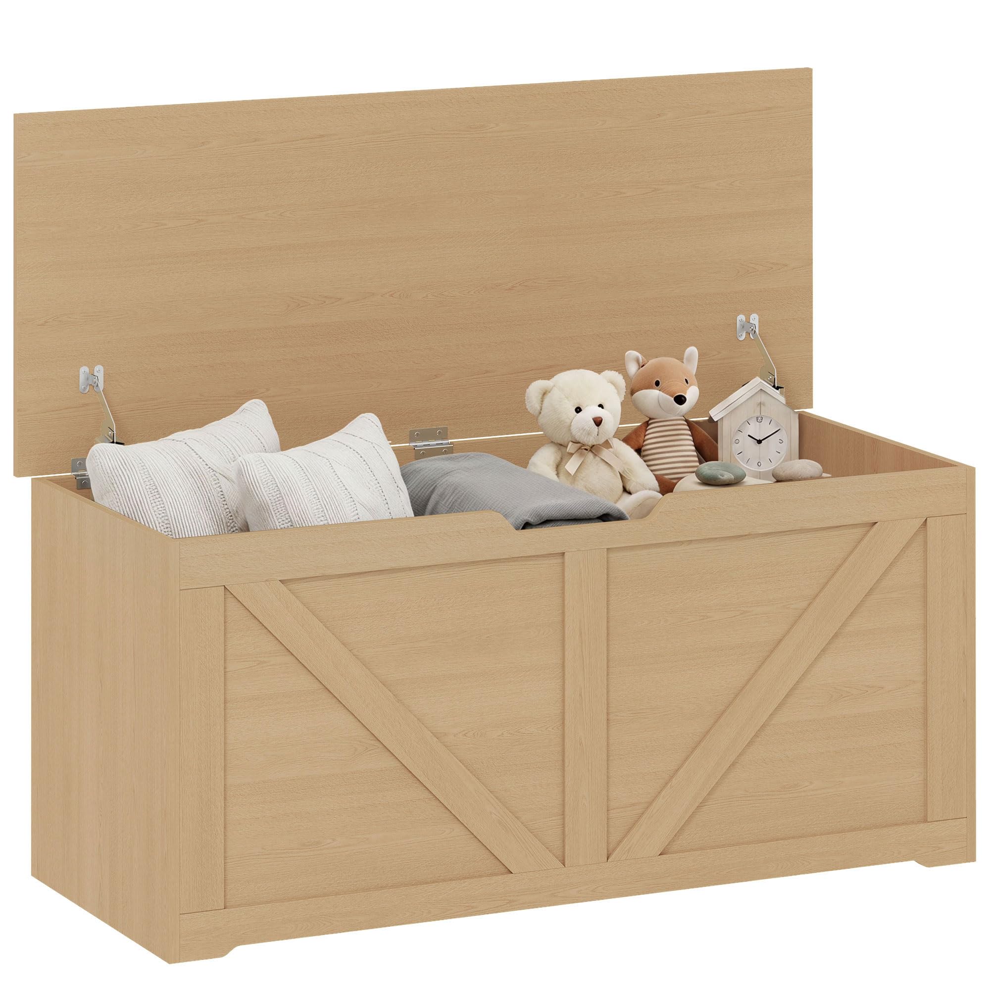 HOMCOM 127L Storage Chest Trunk Bench Box with 2 Safety Hinges Natural