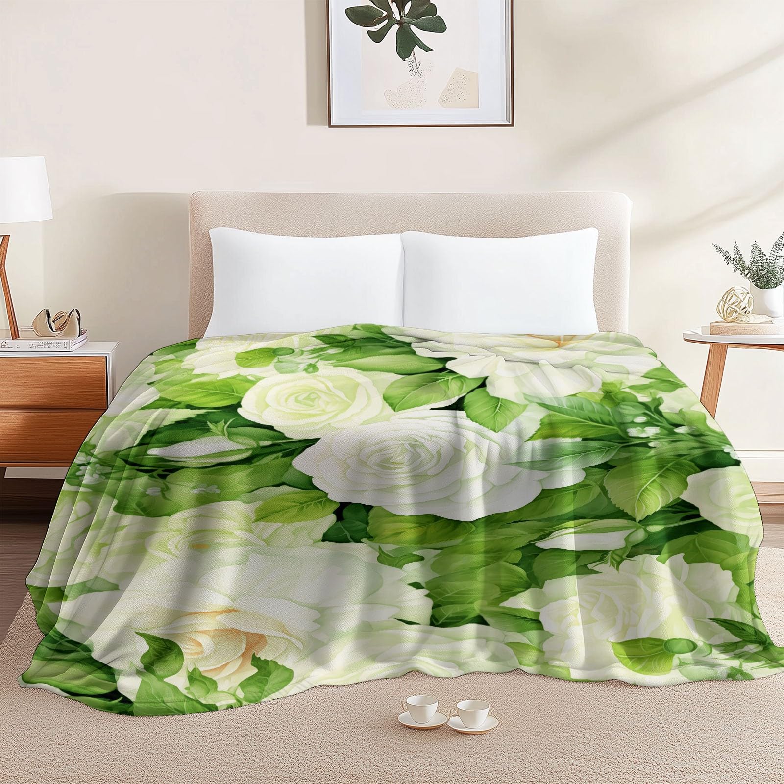 Couverture en flanelle moelleuse douce et chaude imprimé roses blanches 150x200