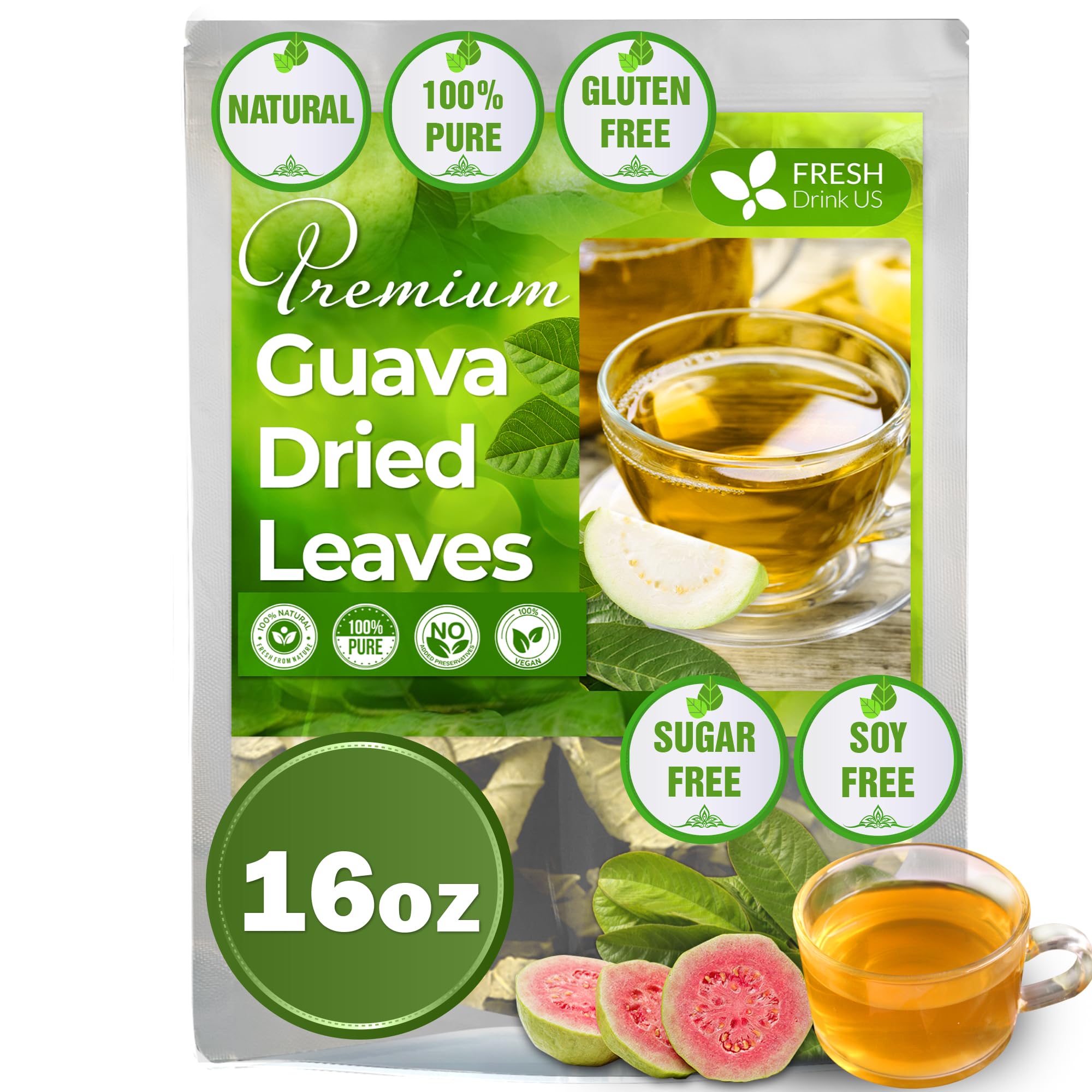 FreshDrinkUS, Premium 16oz Guava Dried Leaves (CUT & SIFTED), 100% Natural & Pure from Dried Guava Leaves, Guava Loose Leaf Tea, No Additives, No Caffeine, Vegan