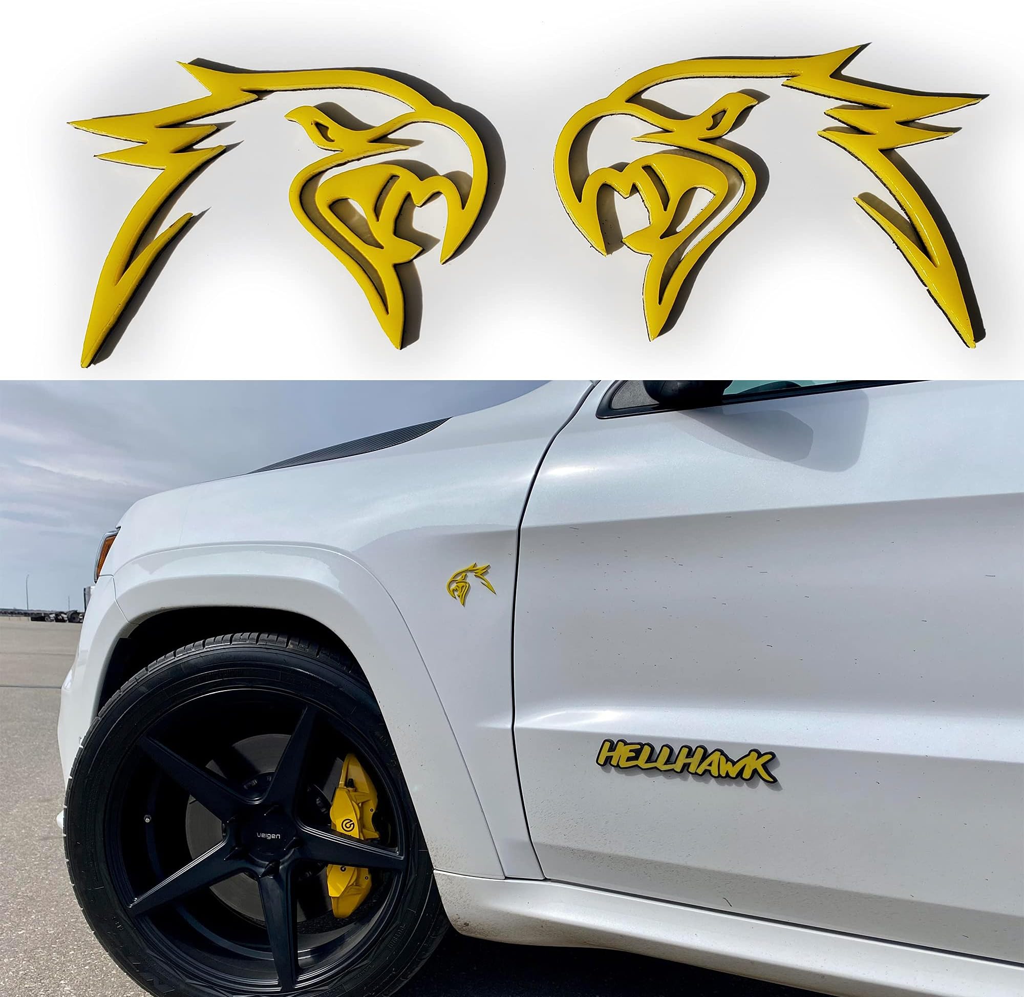Custom HELLHAWK Emblem for Trackhawk Yellow Fender Badge Hellcat Style Head Matte Black