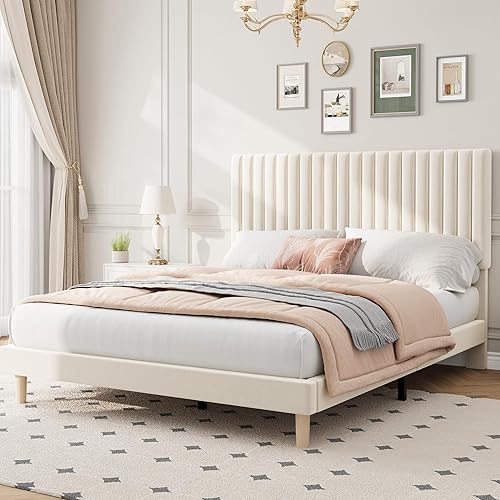 Miniatura 14 de IDEALHOUSE Base de cama de tamaño matrimonial con cabecera ajustable, plataforma tapizada de terciopelo, marco de cama matrimonial, canal vertical