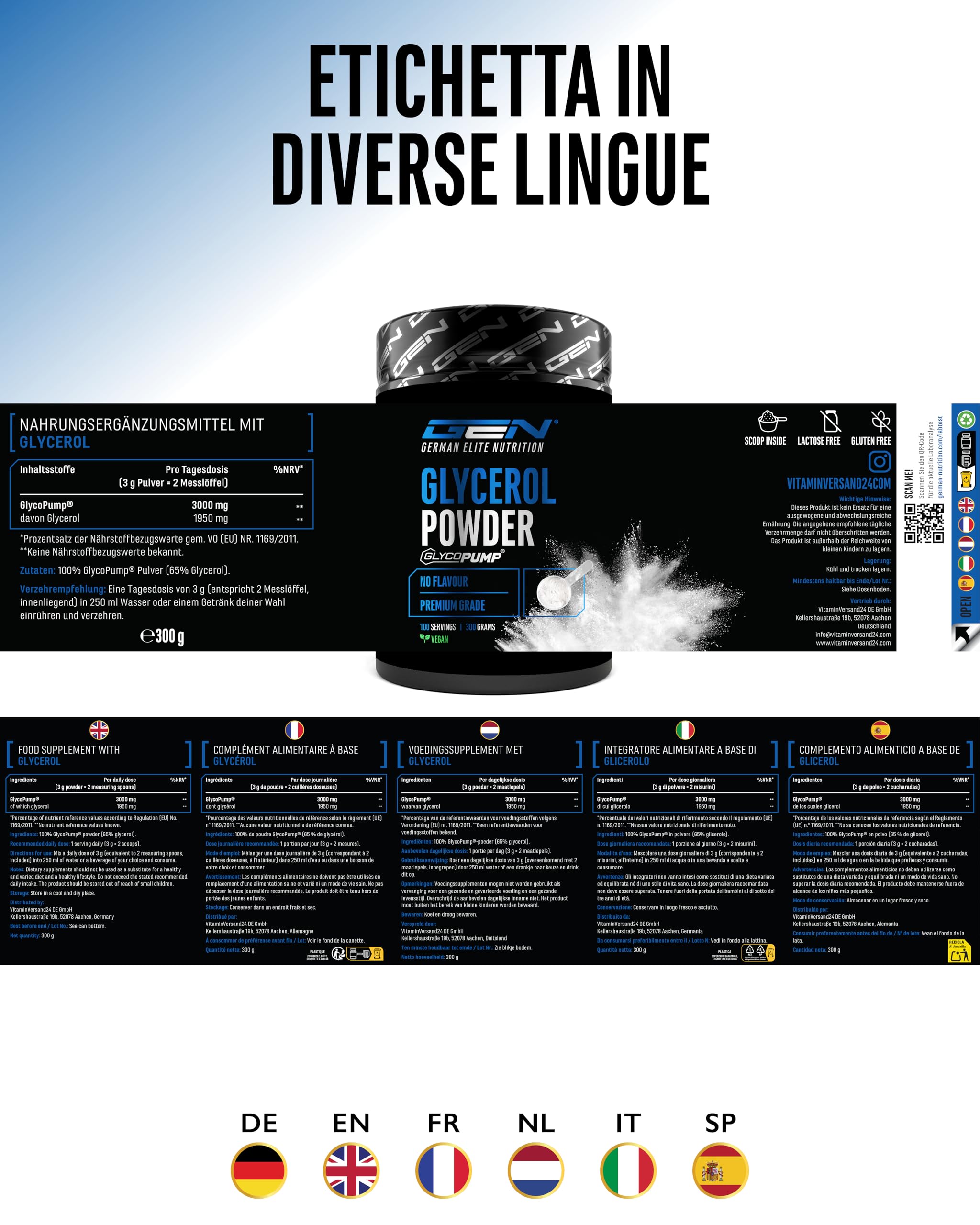 GlycoPump® 300 g - Glicerolo puro in polvere con il 65% di glicerina - Senza additivi - Insapore, vegano, adatto agli sportivi