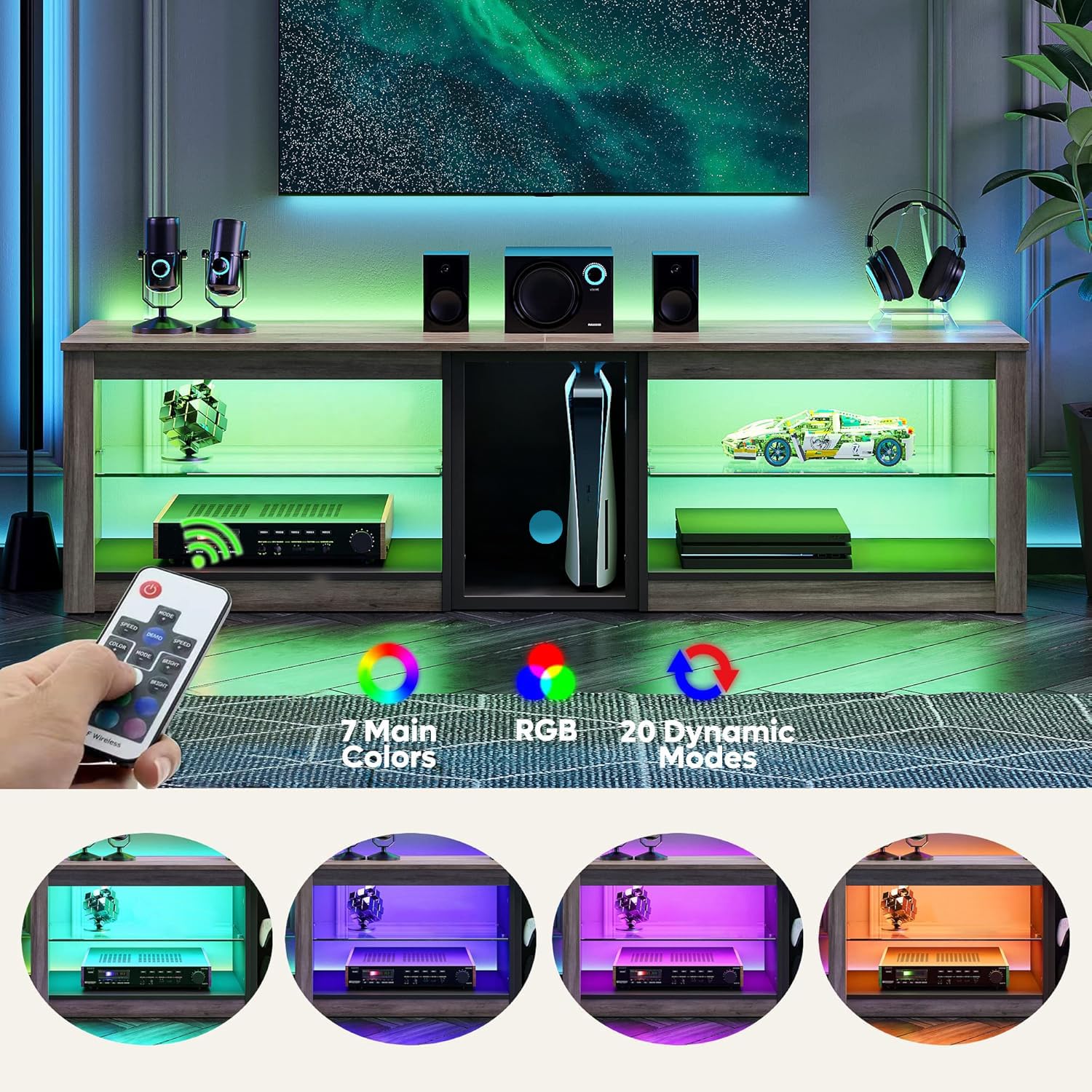 Bestier Mobile TV basso per TV da 65 pollici e TV più piccole, 160 x 35 x 52 cm, mobile TV con luci LED RGB, tavolo TV con gestione dei cavi integrata, vassoio in vetro regolabile
