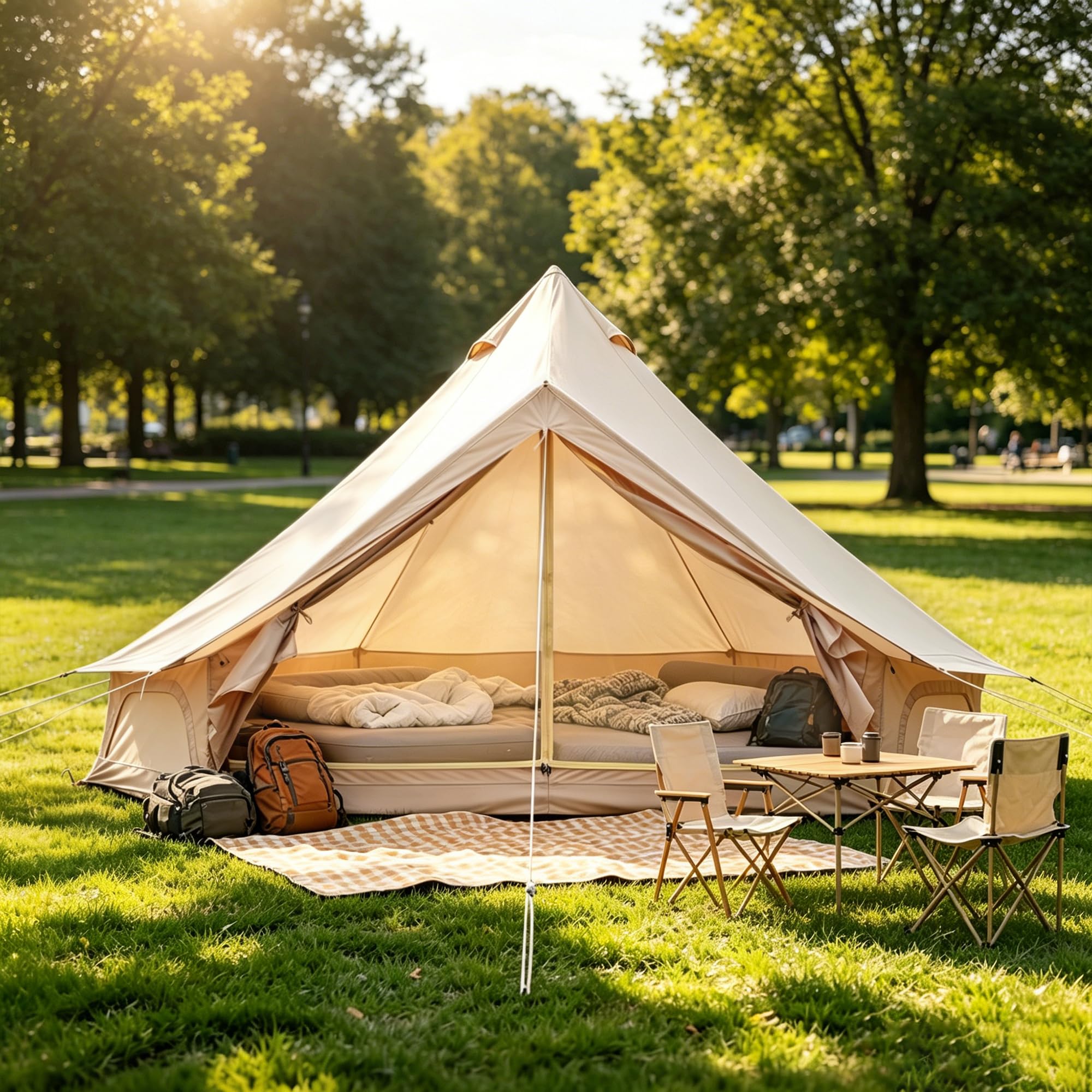 Bell Tipi Zelt Outdoor, 3M & 4M 4-Jahreszeiten Canvas Wasserdichtes Zelt für Camping, 4M Zelt Abnehmbarer Seitenwand, Gruppen Familien, Camping, Feste