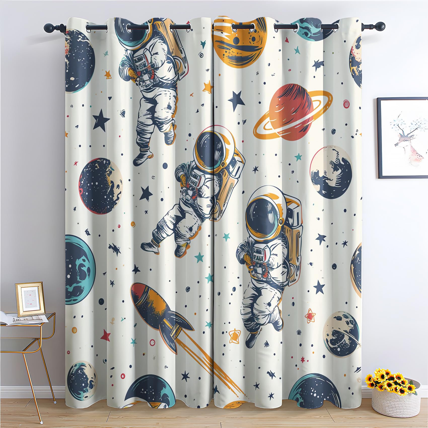 DlaQoryx Cartoon Astronaut Eyelet Curtains Universe Rocket Planet Blackout Curtain for Living Room, Bedroom Home Decor Window Drapes, 55x69 Inch Thermal Curtain 2 Panels