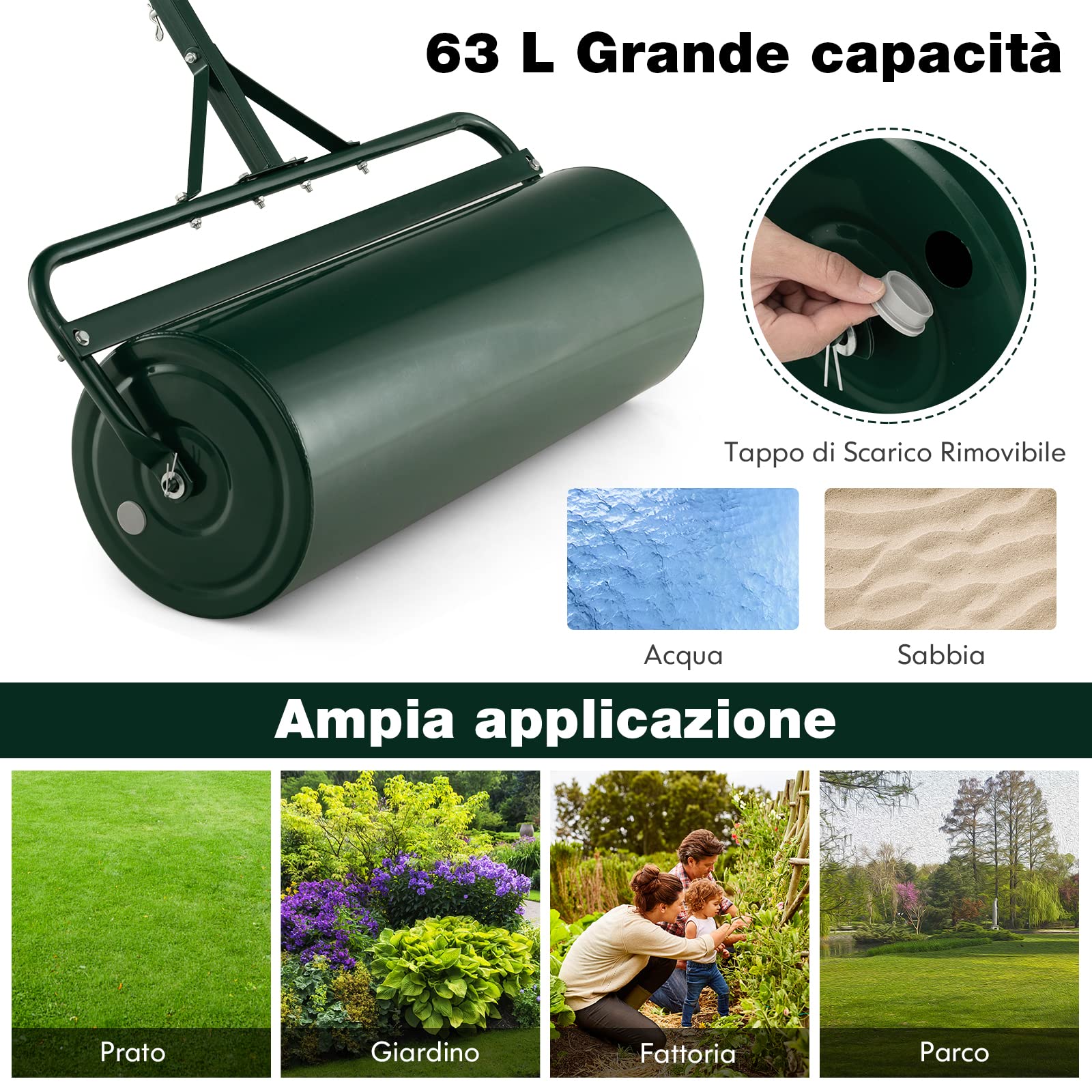 COSTWAY Rullo per Prato in Metallo 63 L, 90 cm, Riempibile Acqua/Sabbia, Impugnatura Staccabile 137 cm, Verde