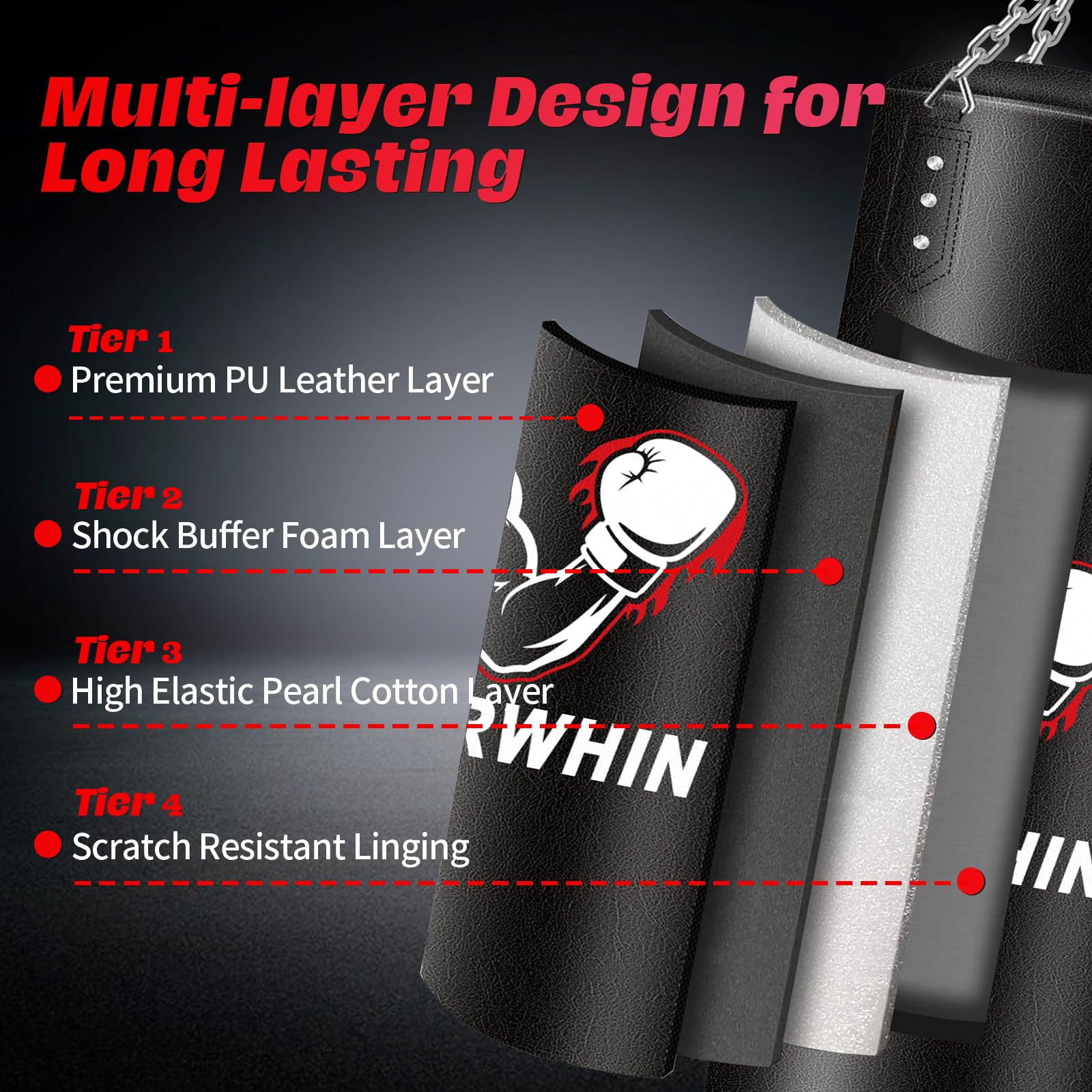 YORWHIN Sac de Frappe, Sac de Boxe Professionnel 120cm avec Gants et 5KG de Mousse Rembourrée pour Formation de MMA Muay Thai Kickboxing, avec Chaine Suspension Boxe Punching Bag