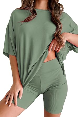 Womens 2 Piece Lounge Set 2025 Summer Travel Outfit Casual Short Sleeve Oversized Tshirts & Biker Shorts