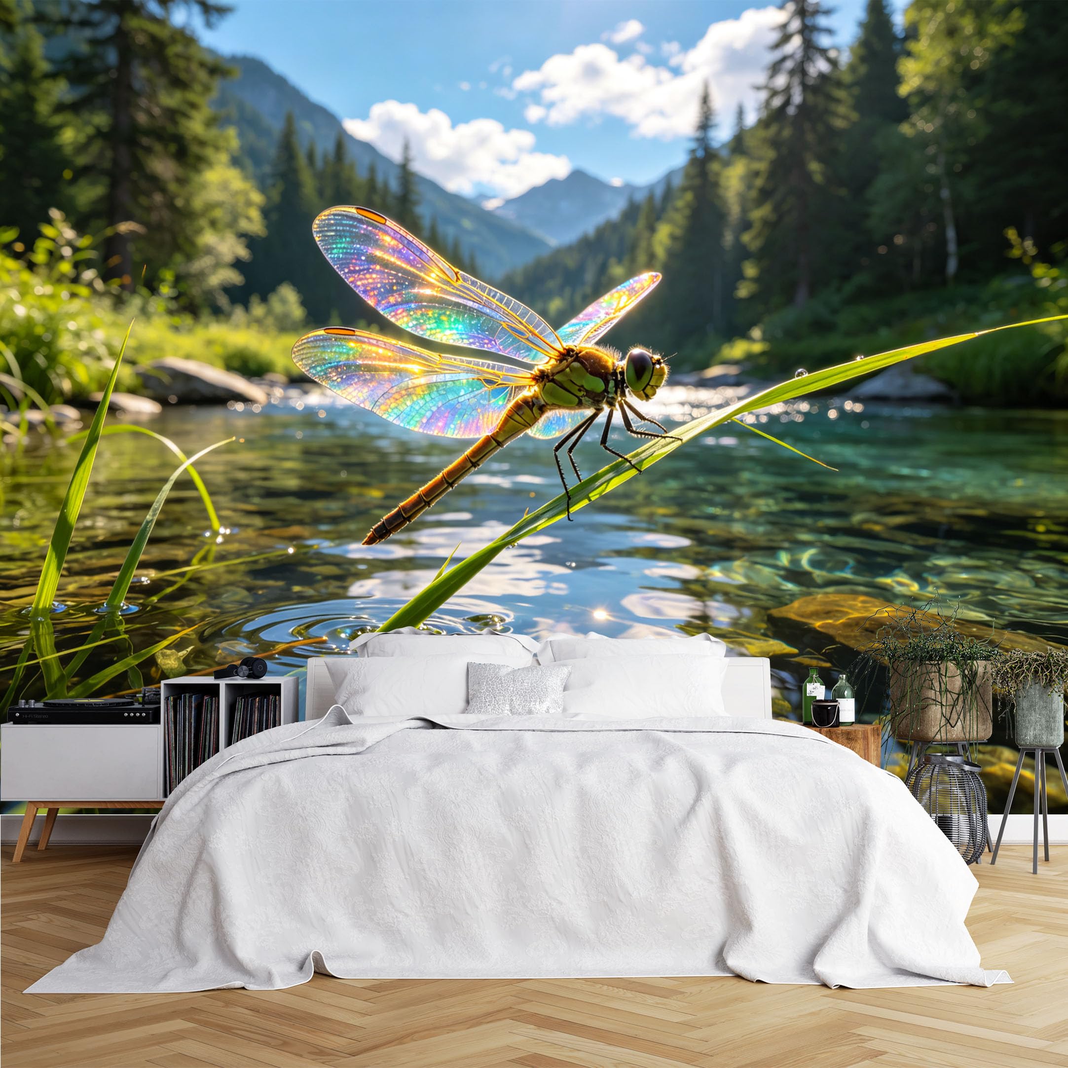 Lcythiazole Ch260615066 Custom Size Wall Murals Iridescent Dragonfly Mountain Stream Scene Wall Murals Hd Full Wall Wallpaper Self-Adhesive Removable Wallpaper For Cottage Living Room