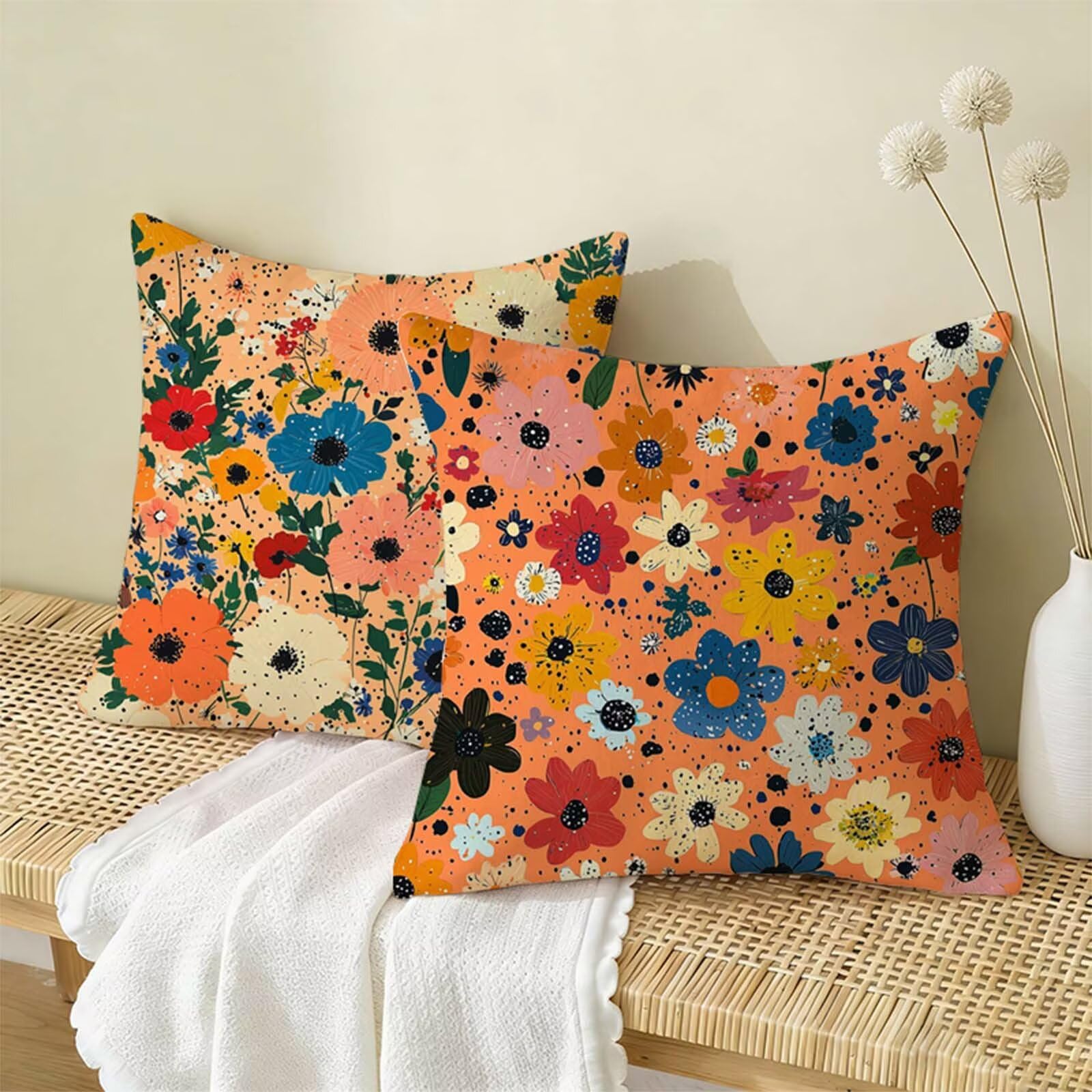 Housse de Coussin 80 x 80 CM Lin,Lot de 2 Housse Coussin Orange,Taie Oreiller Fleur Impermeable,Respirant Confort Coussins Décoratifs Convient à toutes les saisons pour Décor Jardin Salon Canapé X-663