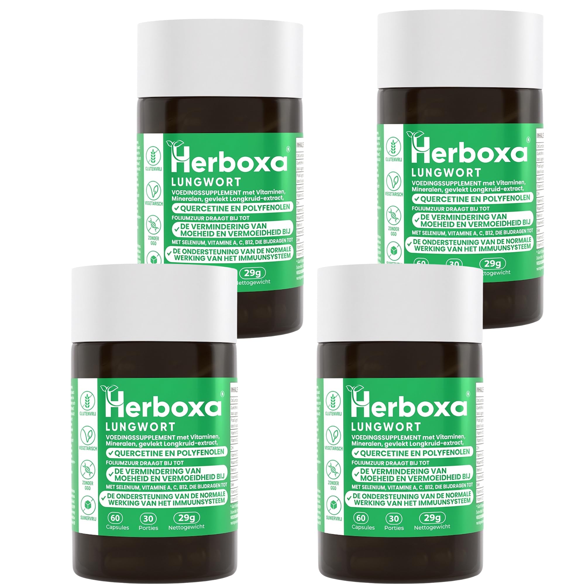 Herboxa Lungenkraut Mehrere Packungen (4 Stück) - mit geflecktes Lungenkraut - Enthält Folsäure, die Müdigkeit und Erschöpfung reduziert, Vitamin C, Quercetin, ProG-Phen - 60 Kapseln