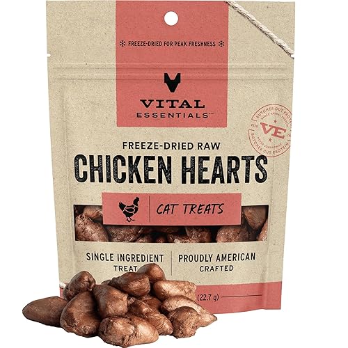 Vital Essentials Freeze Dried Raw Single Ingredient Cat Treats, Chicken Hearts, 0.8 OZ - Chicken Hearts - 0.8 Ounce (Pack of 1)