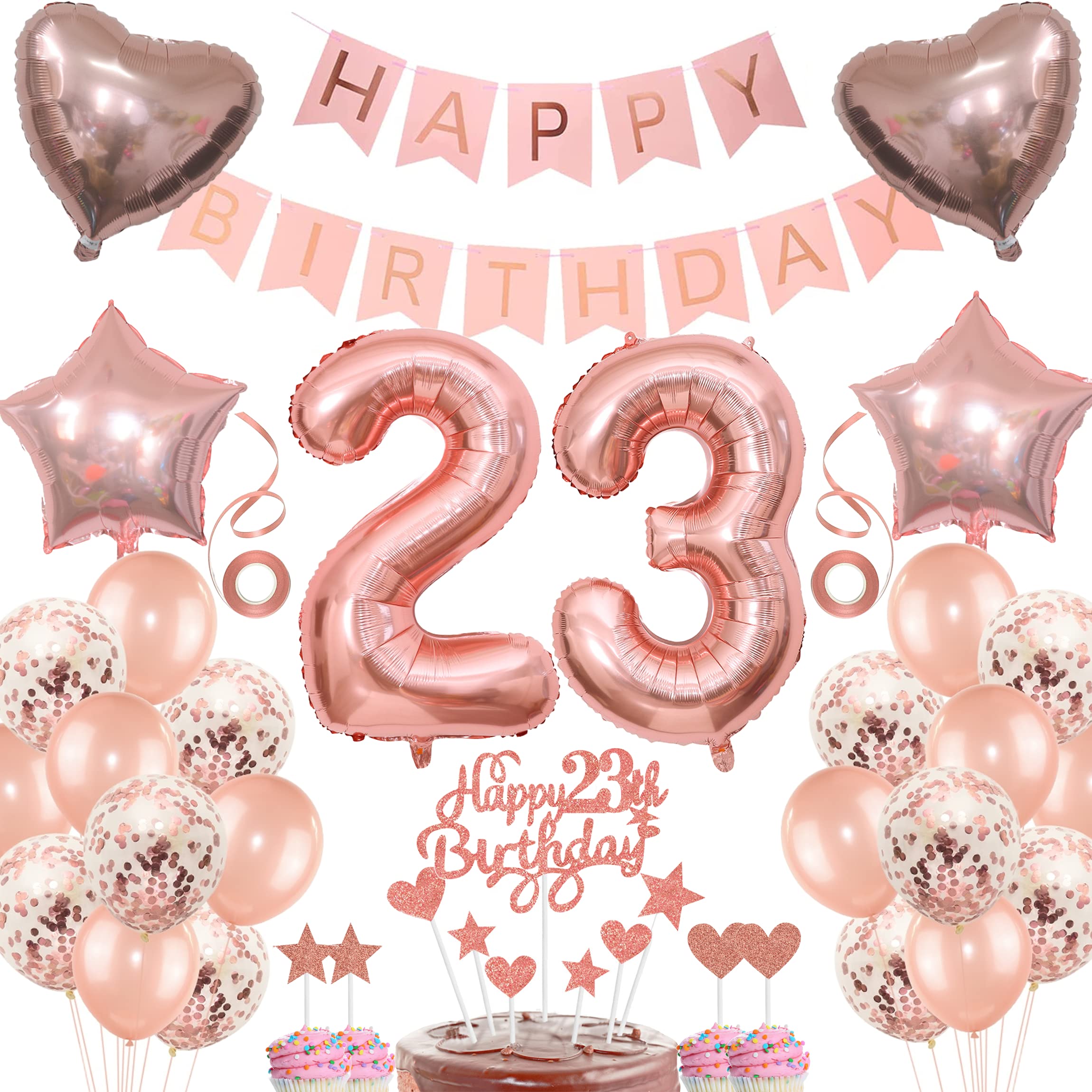 Jrzyhi Rose Gold 23rd Birthday Woman Decoration Pack: Happy Birthday Banner, 23 Foil Balloon, 2 Love Heart Balloons, Star, 10 Rose Gold Latex, Confetti, 23rd Cake Decoration, Heart & Star Cake Toppers โ image 1