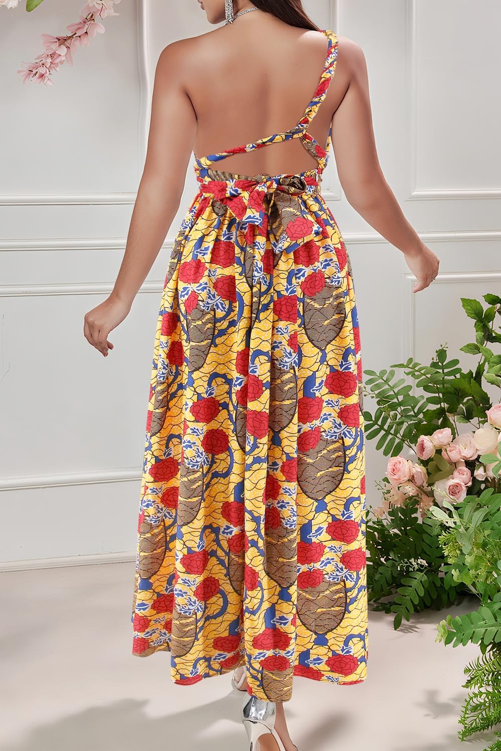 Vimoisa Women Sexy Boho African Long Maxi Dress V-Neck Multi-Way Pleated Floral Print Dresses - Image 5