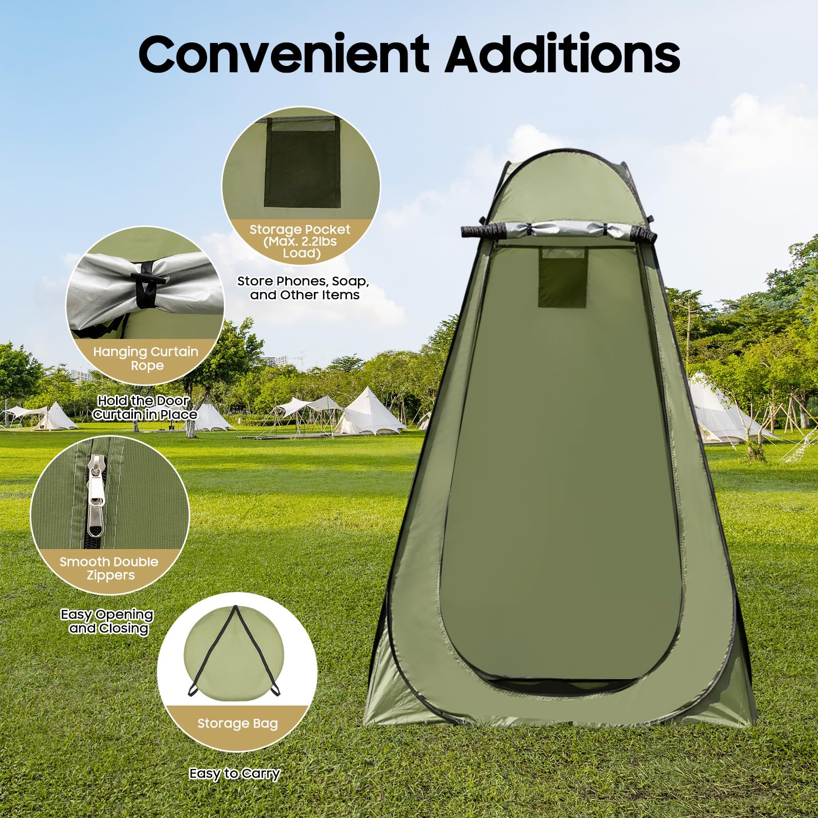 Tente de douche de camping pour 1 homme, tente de toilette, cabine de douche mobile avec auvent, tente d'appoint, tente WC, verte