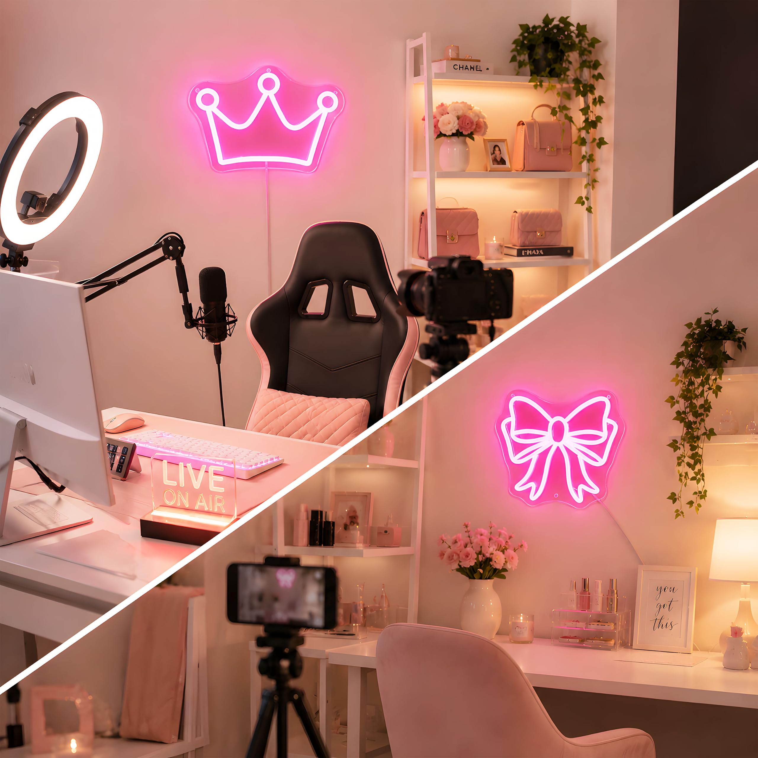 Confezione da 2 insegne al neon a forma di fiocco e corona, luce LED rosa per decorazione della camera da letto, alimentata tramite USB, dimmerabile, luce al neon per sala di bellezza, dormitorio