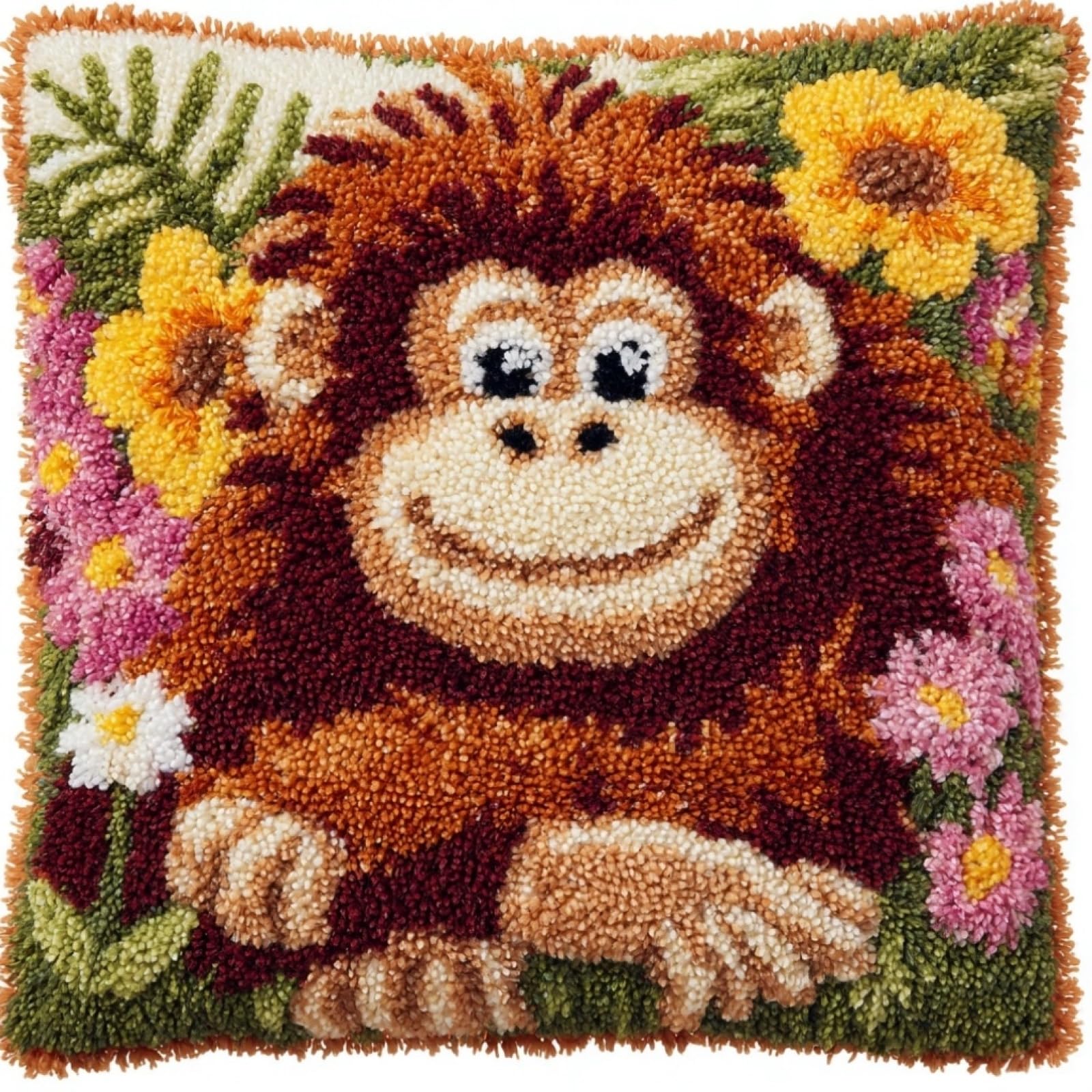 AxiangziK Pre-Printed Latch Hook Pillow Kit,Orangutans and Flowers
