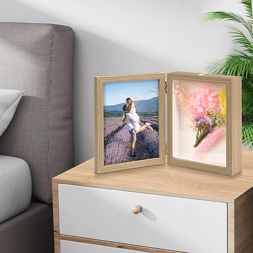 Miniatura 6 de ZEEYUAN Marco de fotos de 4 x 6 pulgadas, doble marco con bisagras y vitrina de sombra, marco de fotos plegable de 4 x 6 pulgadas, rústico con