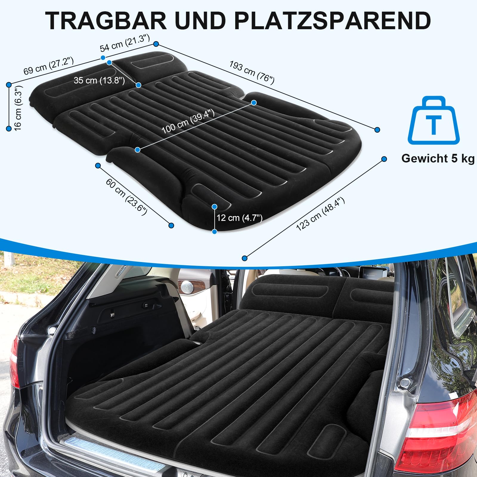 KMZ Auto Luftmatratze für SUV und Auto, Aufblasbares Autobett für Camping, Doppelseitig Beflockte Automatratze für Kofferraum und Rückbank