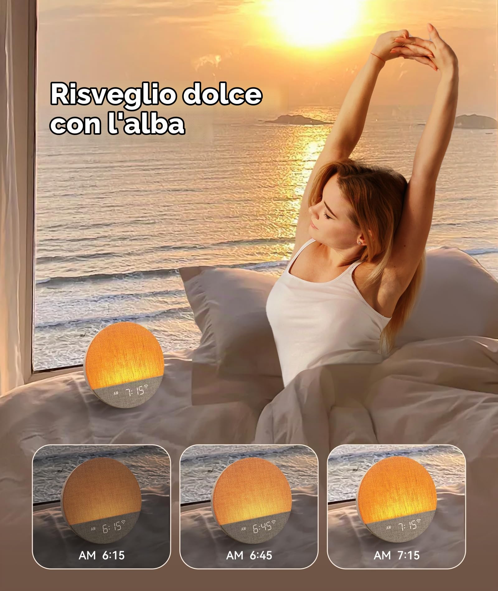 Dreamegg Sunrise 1+ App, Sveglia da Comodino, Simulazione dell'alba | Macchina Rumore Bianco, 34 Suoni per Dormire, 12 Modalità Luce, Timer di Spegnimento Regolabile, Sunrise Alarm Clock