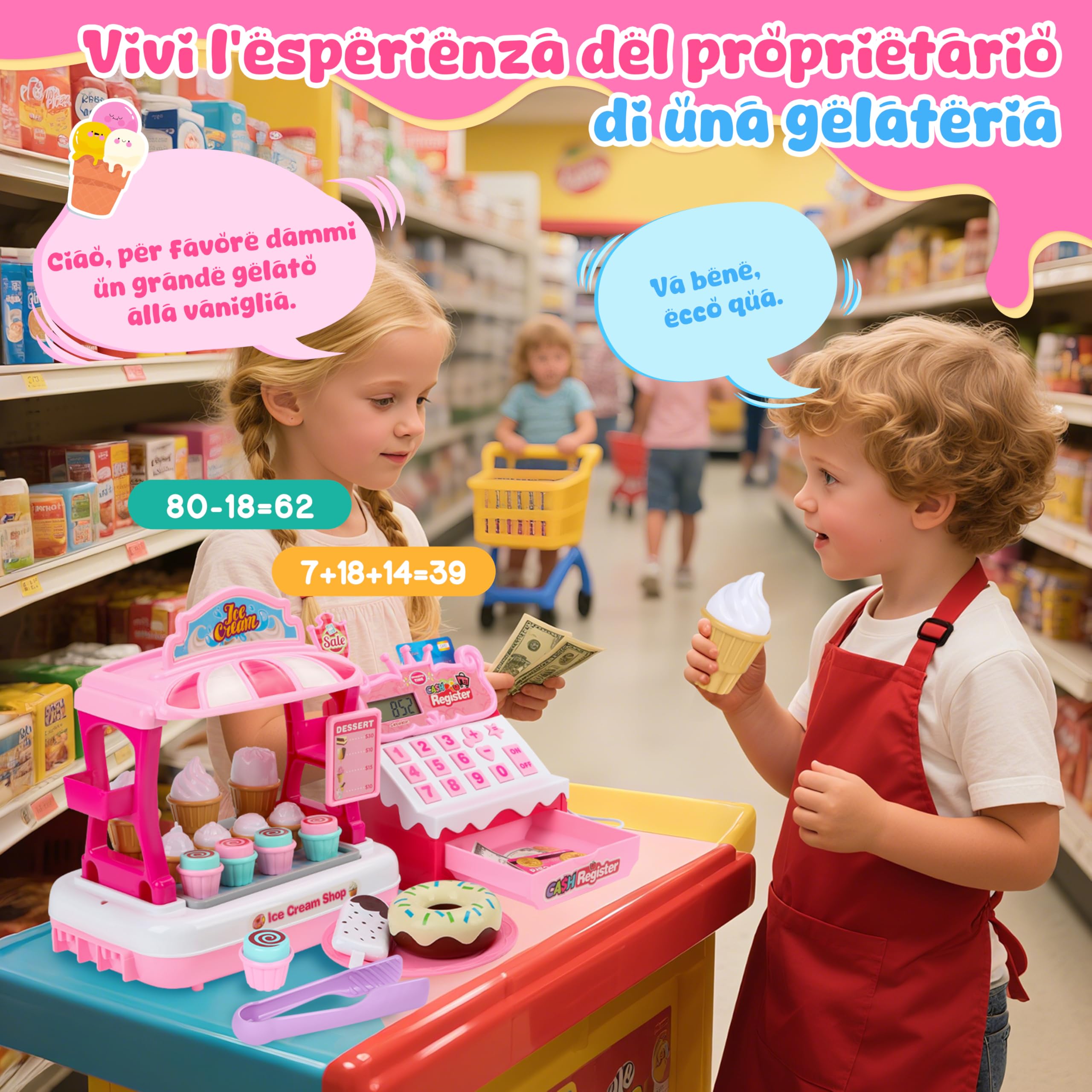 Charmofun Gelateria Giocattolo per Bambini - Incl. 48 Accessori (15 Gelati, 5 Torte, 7 Posate, Soldi Finti Ecc.), Cassa Negozio per Giochi di Ruolo, Cassa Giocattolo per Bambini Dai 3+ Anni