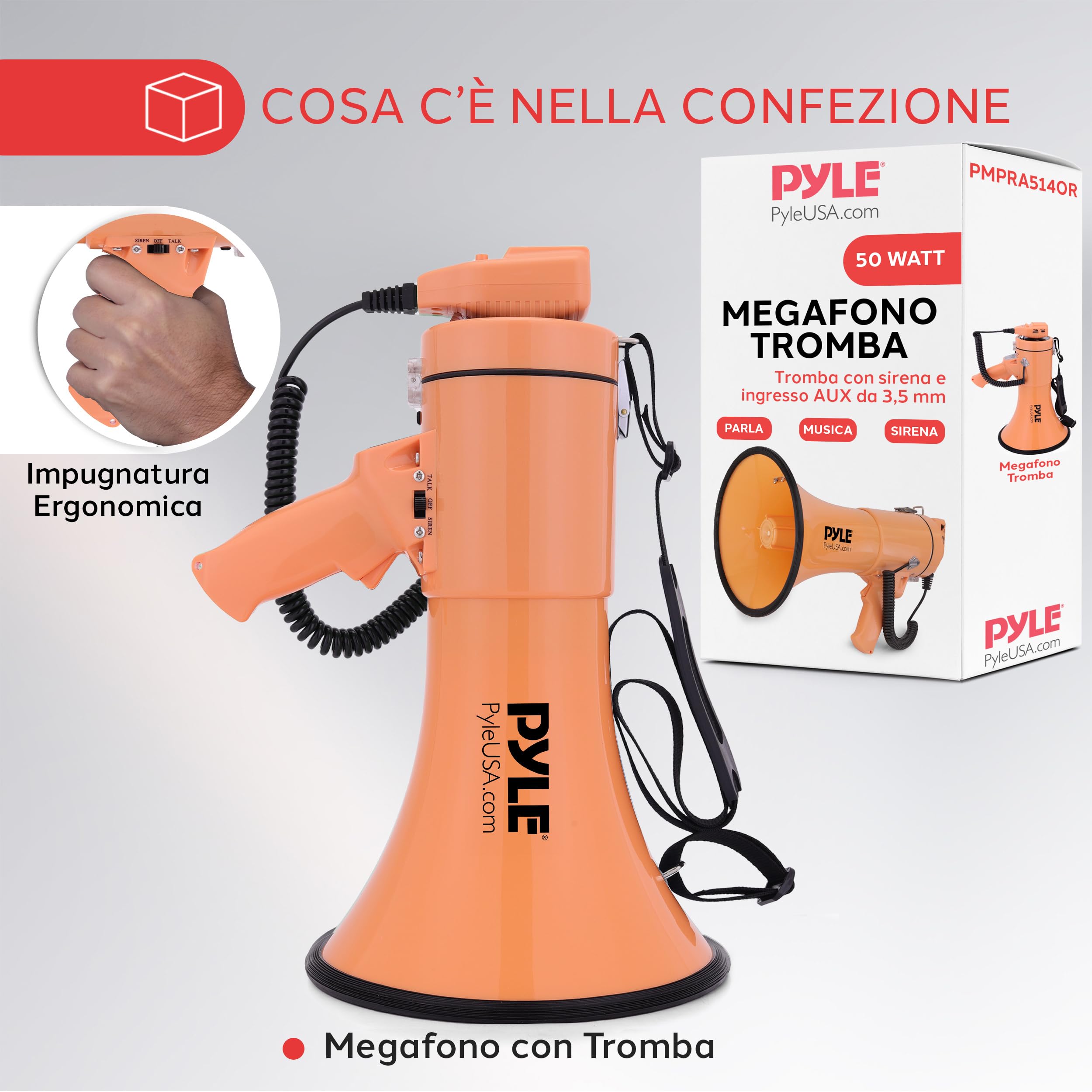 Pyle Megafono da 50 W, Portatile, Sirena Automatica e Volume Regolabile, Portata di proiezione Fino a 1200 Metri Quadrati, Ingresso AUX, Conversazione, Sirena, Musica, Fischietto e Registrazione,