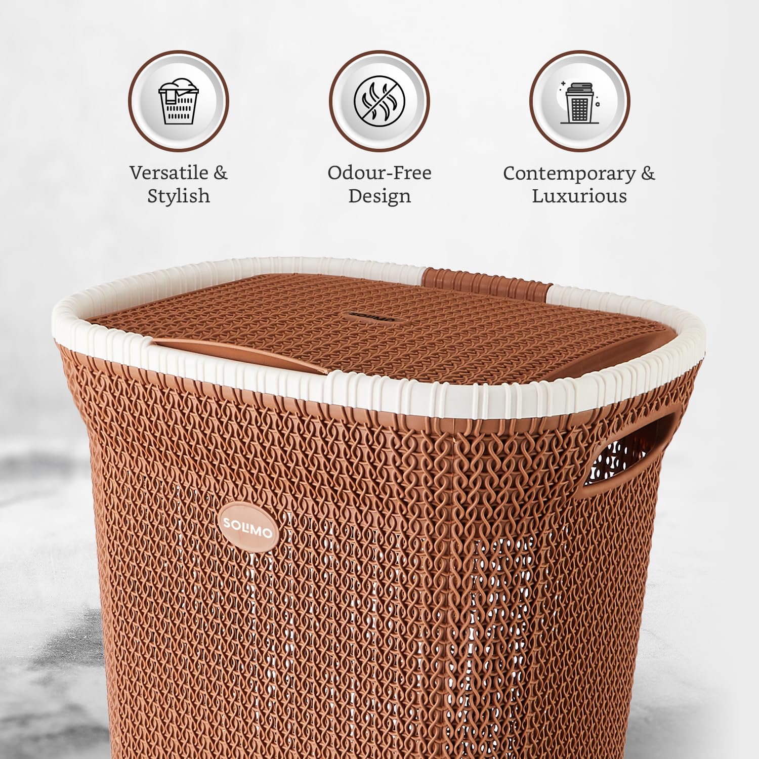 Amazon Brand - Solimo Knit Laundry Basket - Big - 55 Litres - 44 Cm X 35 Cm X 61 Cm | Royal Light Brown - Polypropylene 1