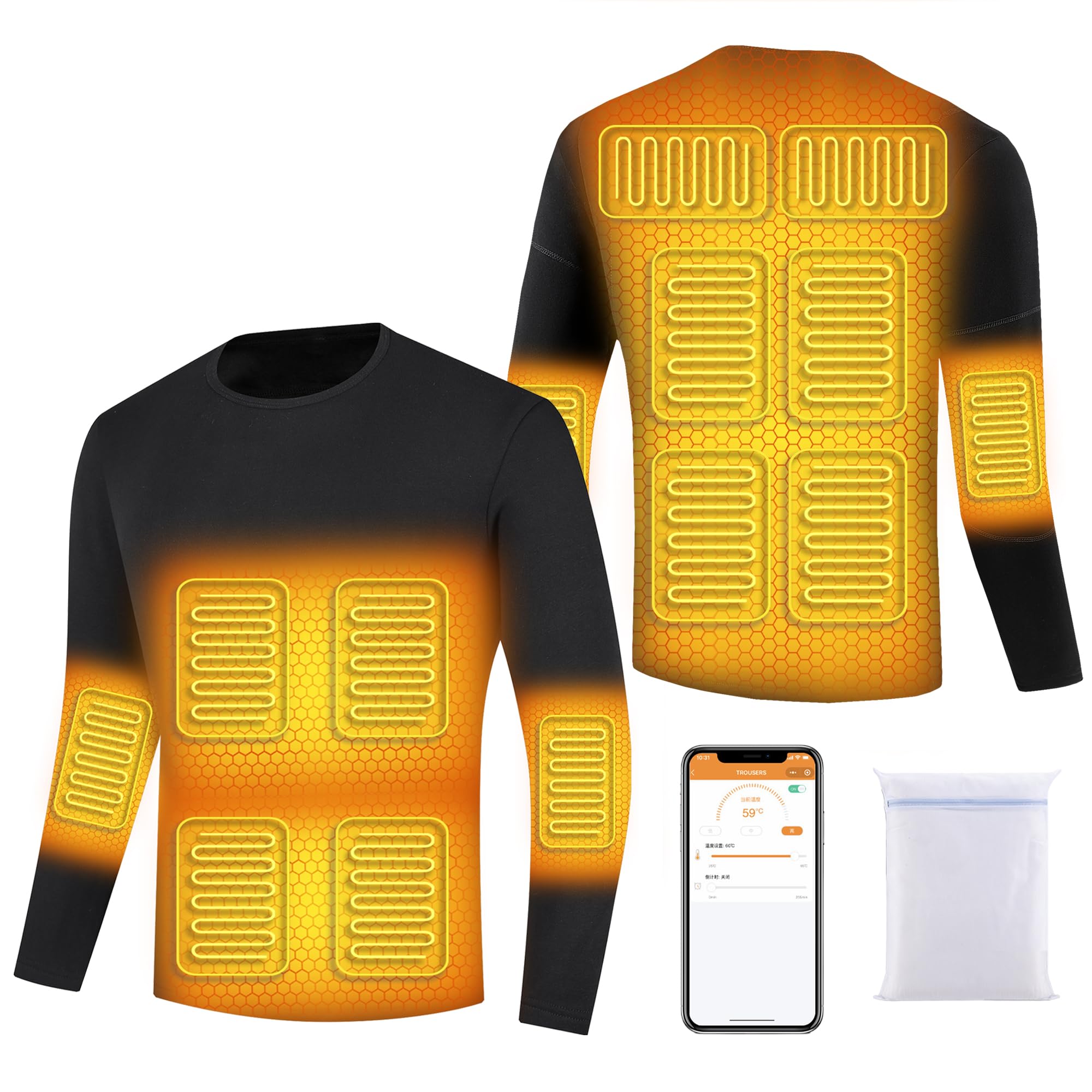 Camisa De Ropa Interior Calentada Eléctrica para Hombres, App Control Térmico Caza Calefacción Baselayers Top para El Clima Frío