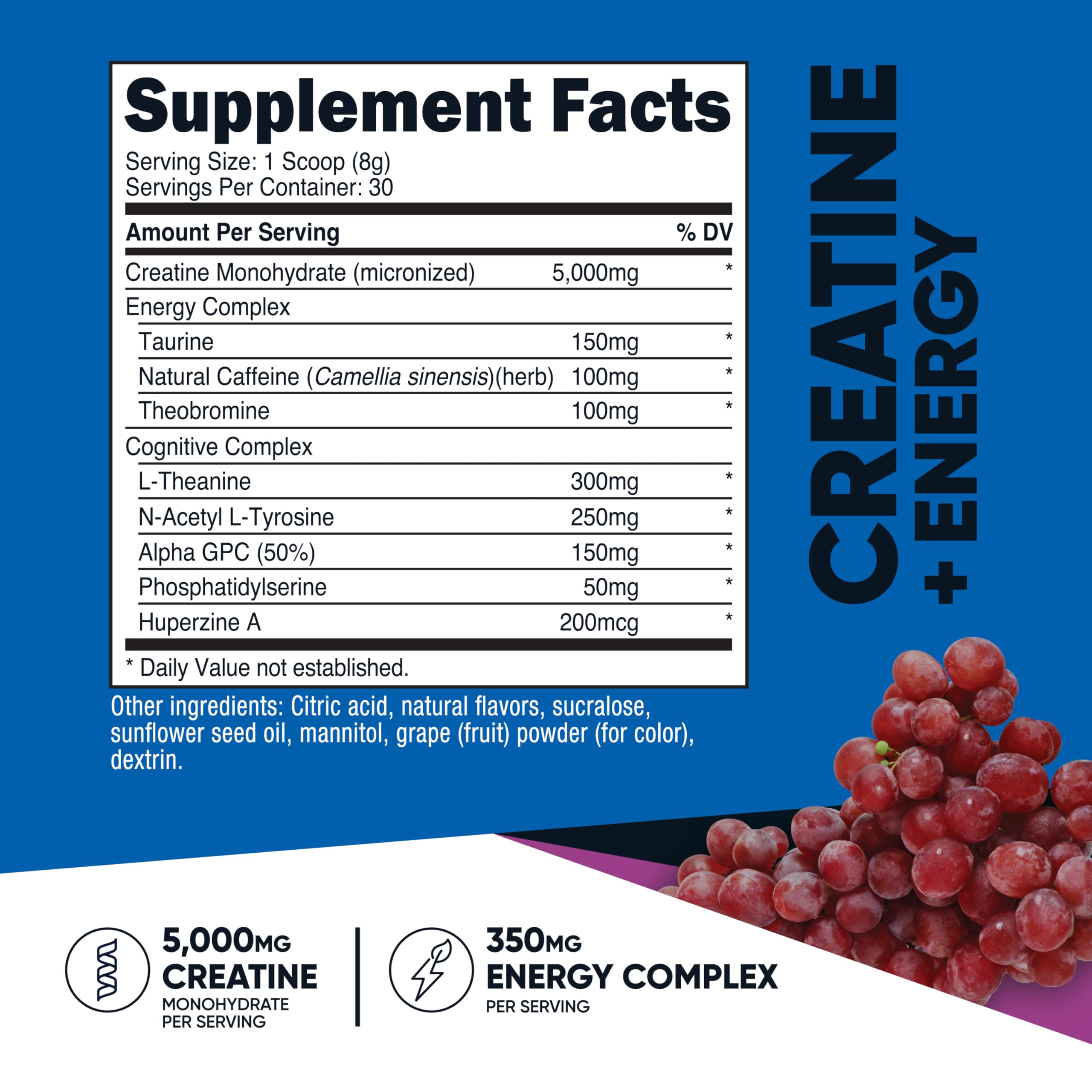 Nutricost Creatine + Energy 30 Servings (Grape Flavored) - 5,000mg Creatine Monohydrate + 350mg Energy Complex Per Serving