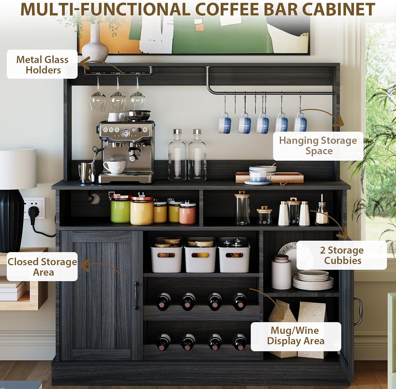 47 in Farmhouse Buffet Sideboard Cabinet with Power Outlets Coffee Bar Cabinet with Storage, Large Buffet Storage Cabinet Table with Wine Racks, Goblet Holder, Hooks for Kitchen, Dining Room, Grey