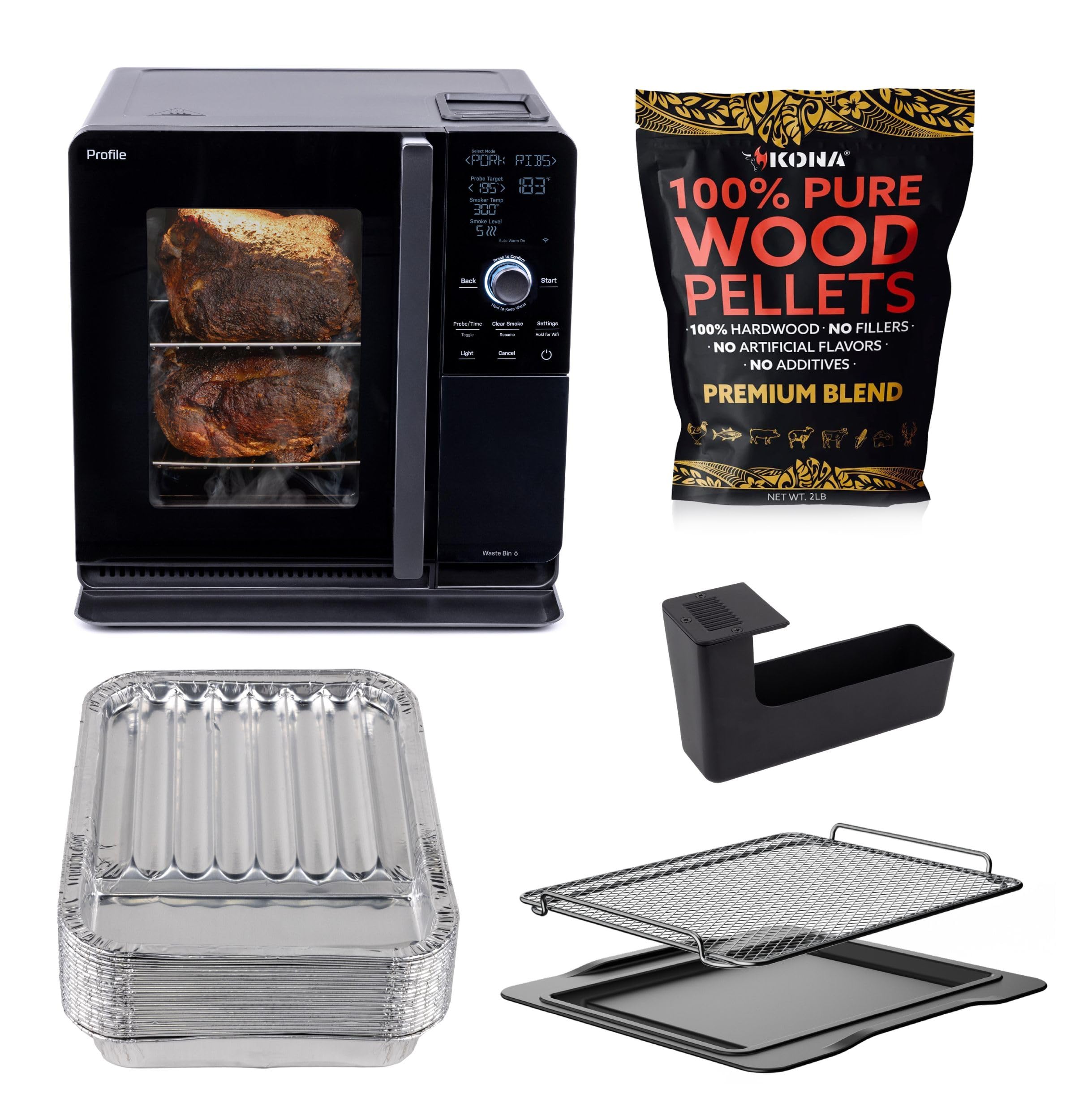 GE Profile™ Smart Indoor Pellet Smoker + Accessories Bundle, Includes Four 1lb Bag of Pellets, Pellet Strainer, 20-pack of Drip Pan Liners, and Prep Tray