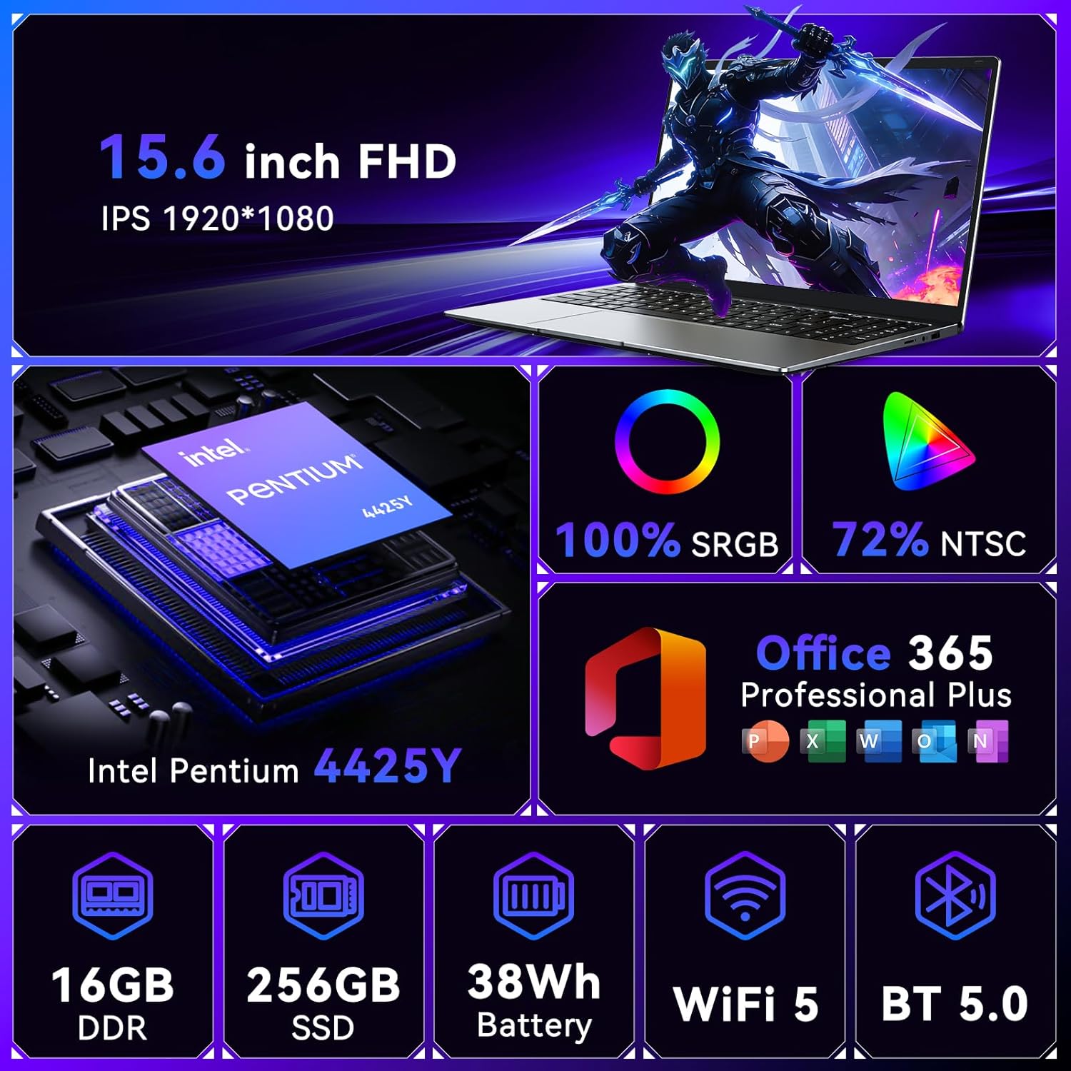 Laptop Computer 15.6" Win11 Pro Laptops with 4425Y Processor, 16GB RAM 256GB SSD,Ms Office 365, 100% sRGB Screen,Notebook, Dual Band WiFi5, BT5.0, USB-A, HDMI,FHD 1920 * 1080 Display