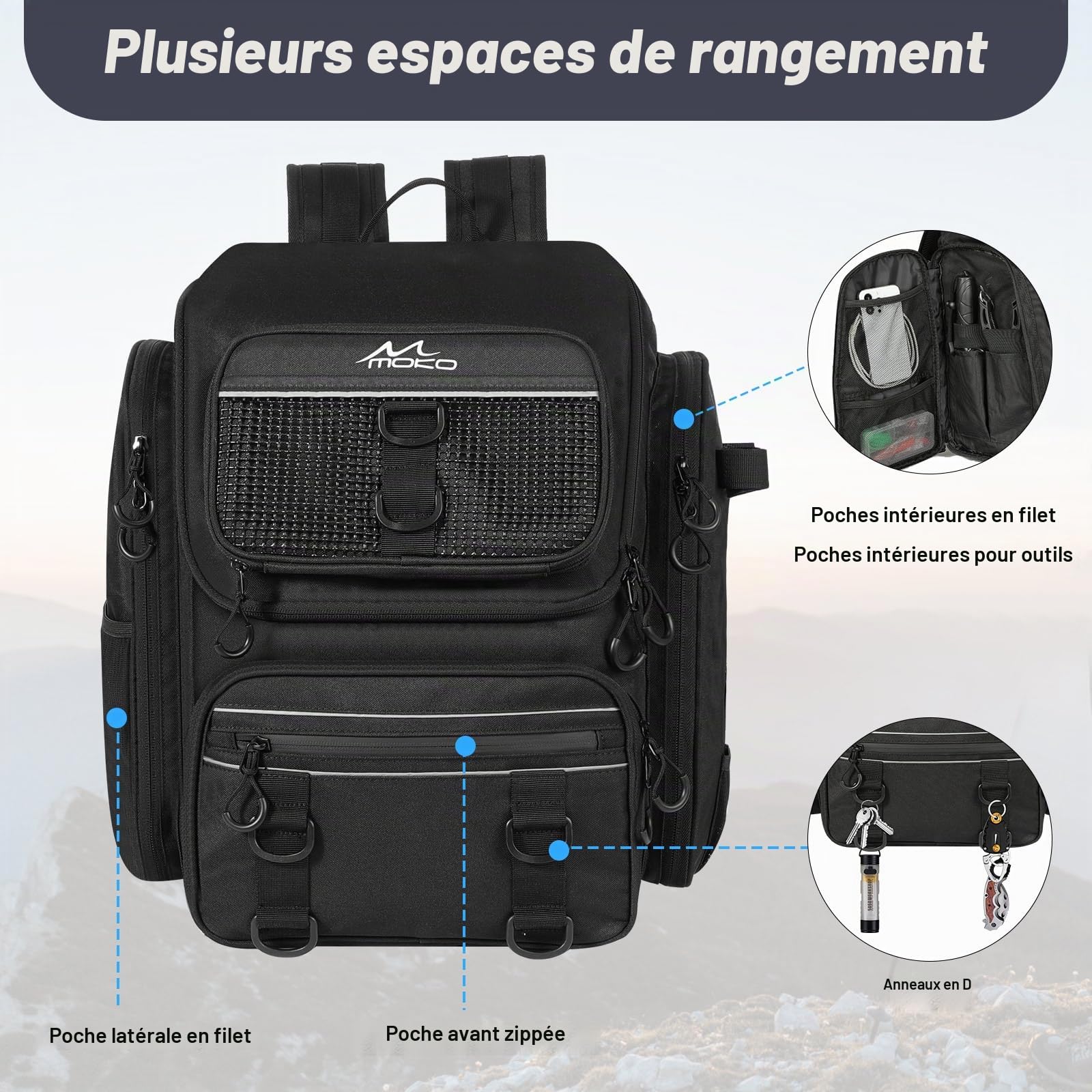 MoKo Sac à Dos de pêche, Grand Sac à Dos de pêche 40L avec Porte-Cannes et classeur d'appâts pour Stocker Le matériel de pêches⁠⁣ et l'équipement pour la randonnée et Le Camping, Noir