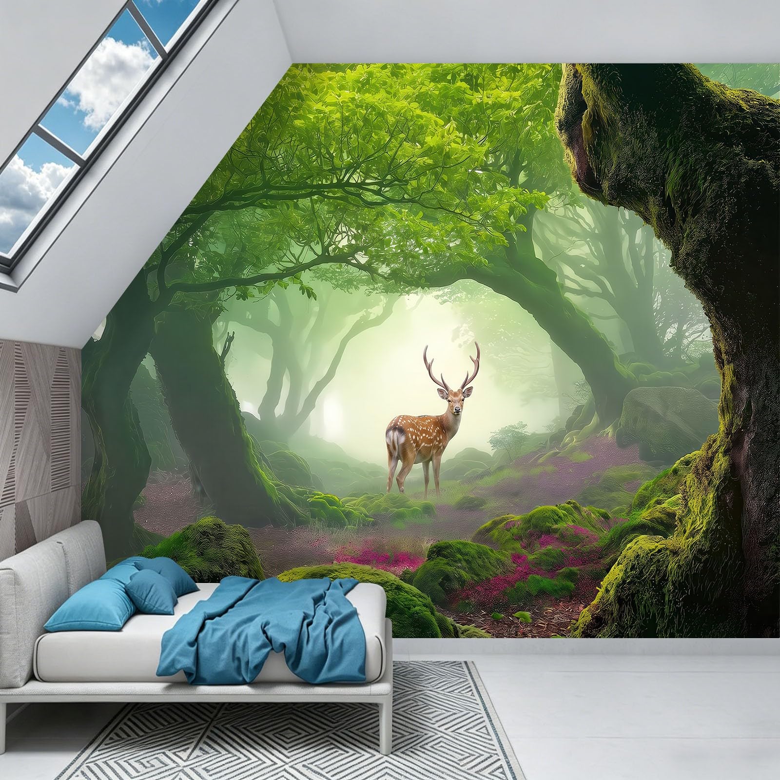 Générique Carta da parati panoramica floreale con animali cervi, 300 x 210 cm, rivestimento murale per camera da letto, soggiorno, camera da letto, cucina, ufficio, design fantasia foresta paesaggio