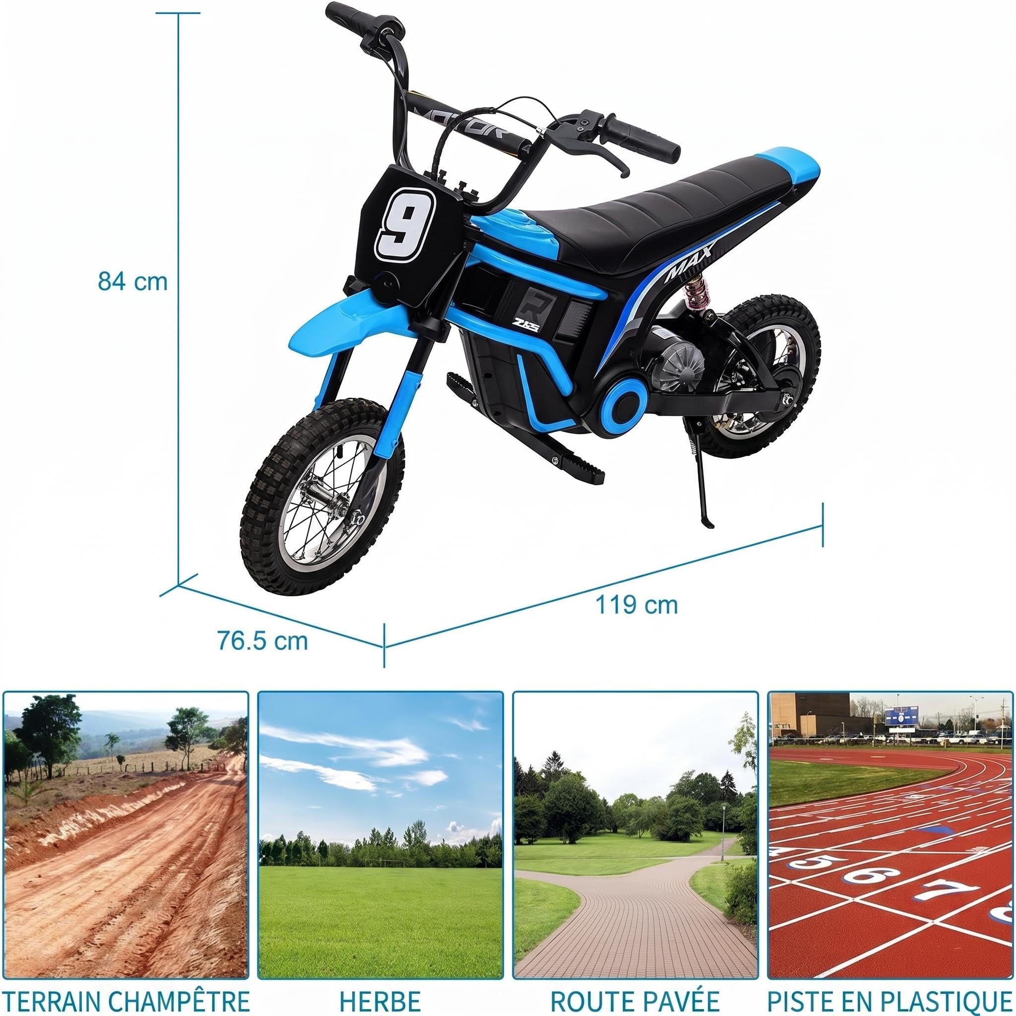 Garvee Moto Électrique Enfants 12V avec Double Batterie et Moteur 250W | Motocross Électrique avec Amortisseur, Roues Résistantes, Vitesse 10-23 km/h, Charge 65 kg, pour Enfants 13+ Ans, Bleu