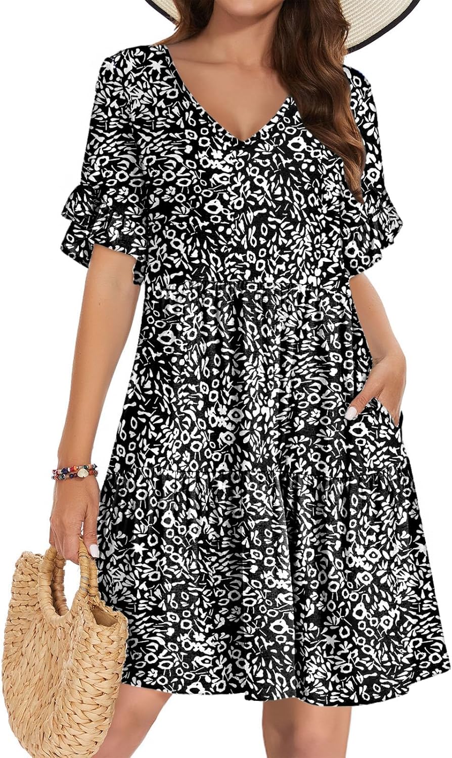 AUNEAL Summer Dresses for Women 2026 Loose V Neck Ruffle Sleeve Tiered Flowy Casual A Line Mini Beach Dress with Pockets