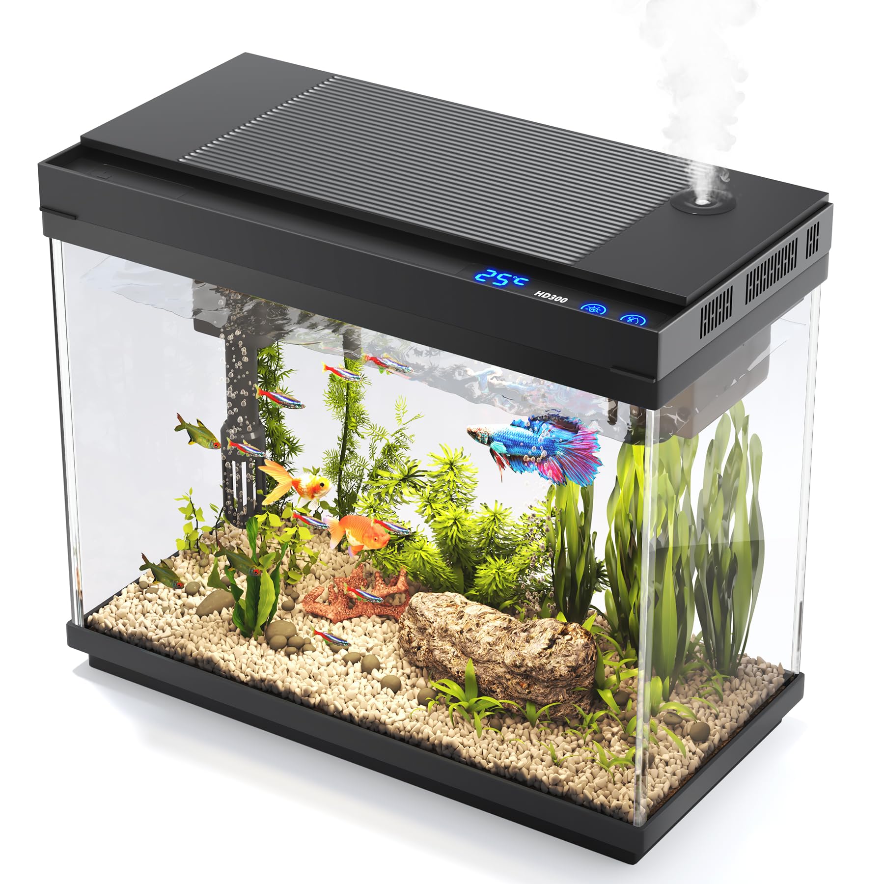 Vehipa Acquario Completo, Acquario per Pesci Rossi da 9L con Umidificatore Intelligente, Display della Temperatura, Vetro Ultra Chiaro, Pompa Silenziosa 3 in 1, Illuminazione a 7 Colori