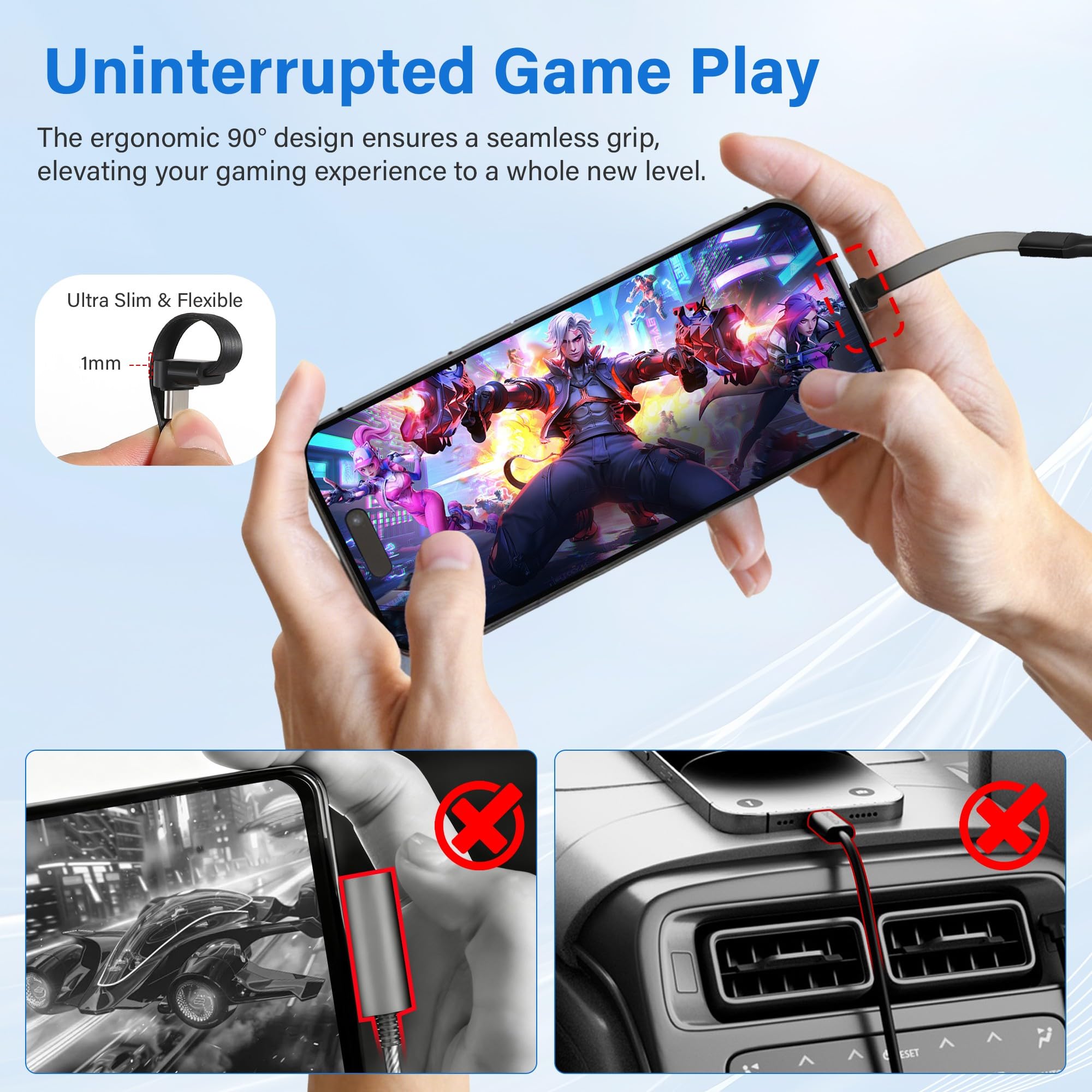 Adoreen Cavo da USB A a C da 1 m con porta C piatta ad angolo retto di 90 gradi, cavo di ricarica rapida PD da 60 W, sottile intrecciato sottile, 480 Mbps 20 V/3 A per giochi mobili, iPhone 17/16 Pro