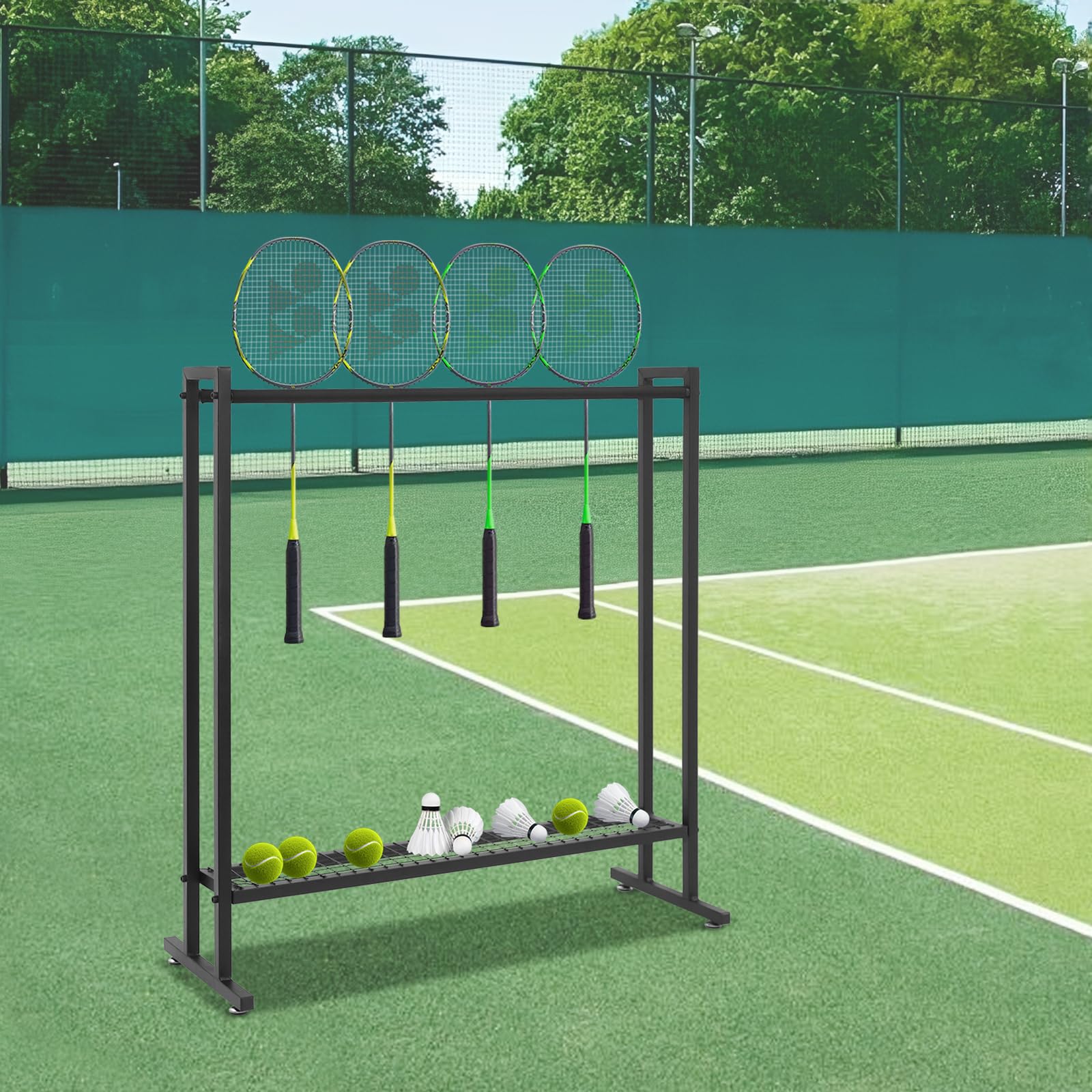 Soporte para raqueta de bádminton de tenis, carrito de acero al carbono, color negro, estante de almacenamiento para campo deportivo, gimnasio, garaje