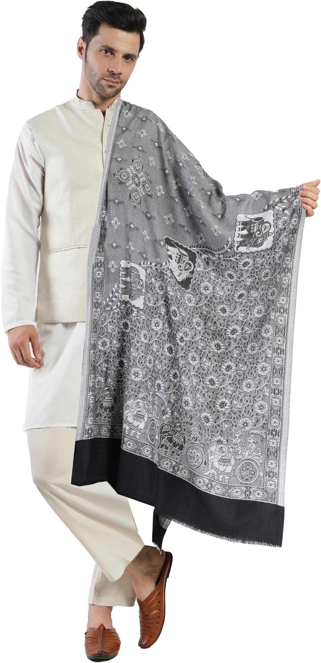 MANRAMen Fine Wool Luxury Stole, Light Weight Kashmiri Silk, Elephant Print Pashmina Feel Shawl Wrap for Gents Winter Casual Fancy Scarf Stole