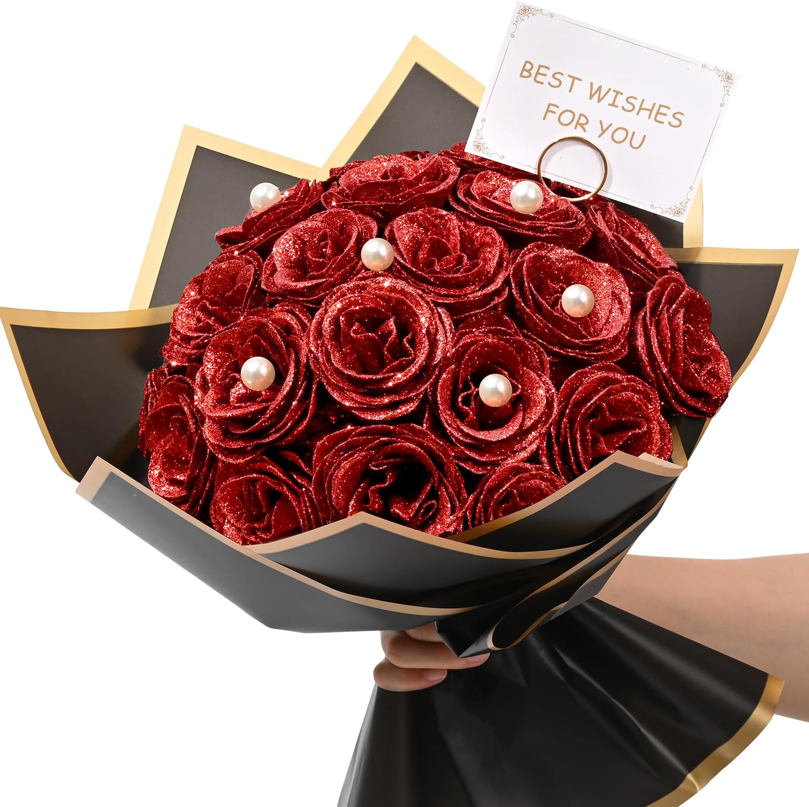 Waipfaru Red Glitter Roses Bouquet, DIY Fake Flowers Bouquet, Everlasting Shiny Artificial Rose Bouquet for Valentines, Anniversary, Engagement, Wedding, 24 Roses
