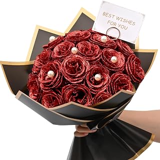 Waipfaru Red Glitter Roses Bouquet, DIY Fake Flowers Bouquet, Everlasting Shiny Artificial Rose Bouquet for Valentines, Anniversary, Engagement, Wedding, 24 Roses