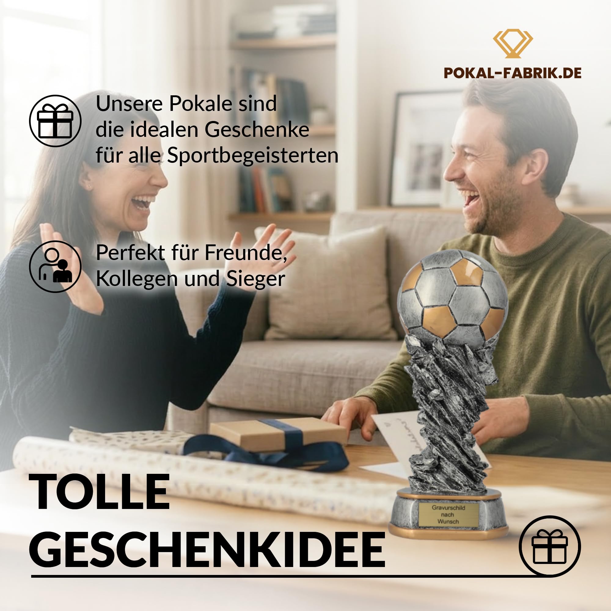 Pokal-Fabrik - Fussball Pokal mit Gravur Wunschtext - Gold & Silber Trophäe aus hochwertigem Resin 30/37/45 cm – personalisierte Auszeichnung für Fußball, Sport Events & Wanderpokal