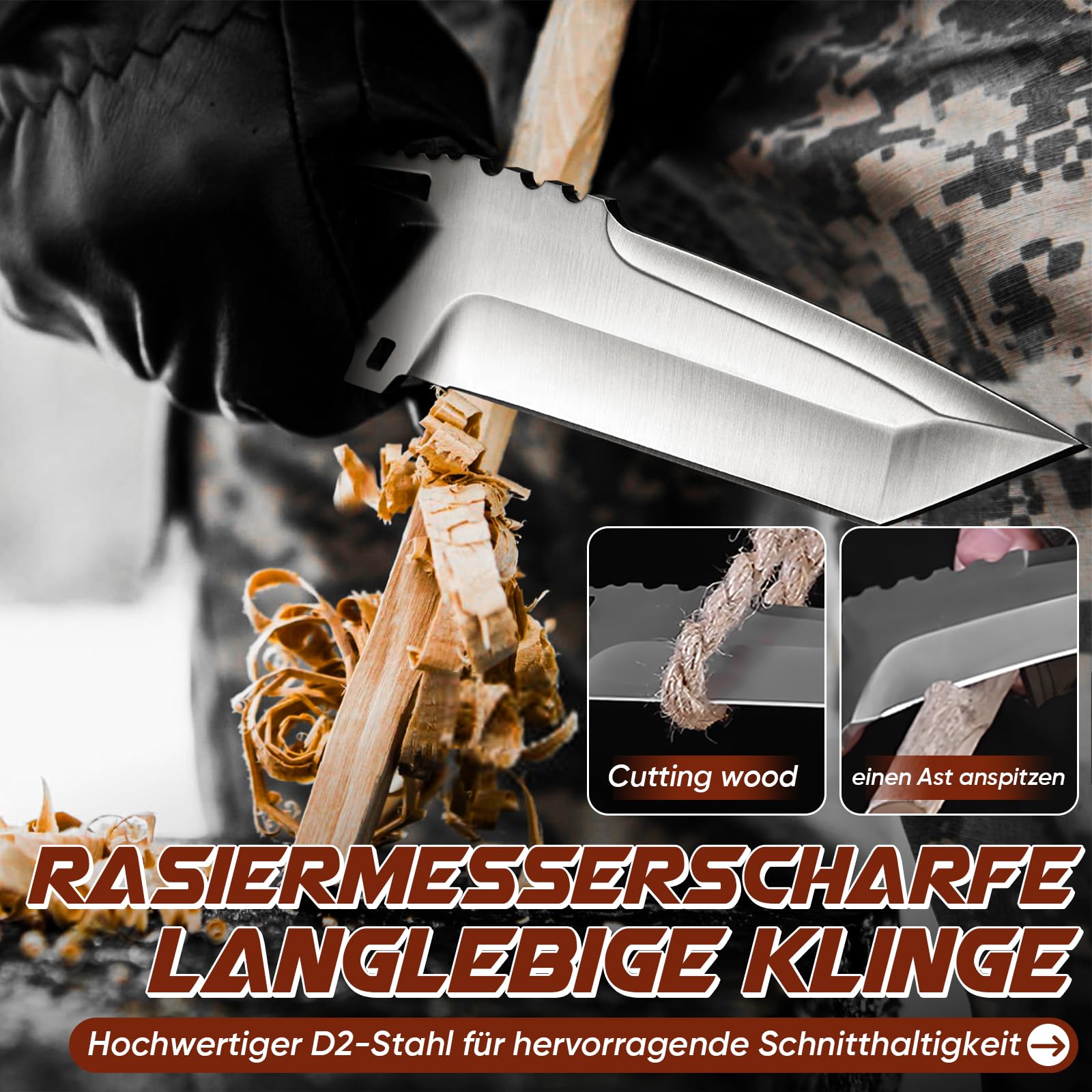 Purple Dragon Outdoor Messer Survival - mit Kydex Scheide, Feststehende Klinge aus einem Stück D2 Stahl, Full Tang Tanto Messer mit G10 Griff für Camping, Geschenke für Männer, Schwarz