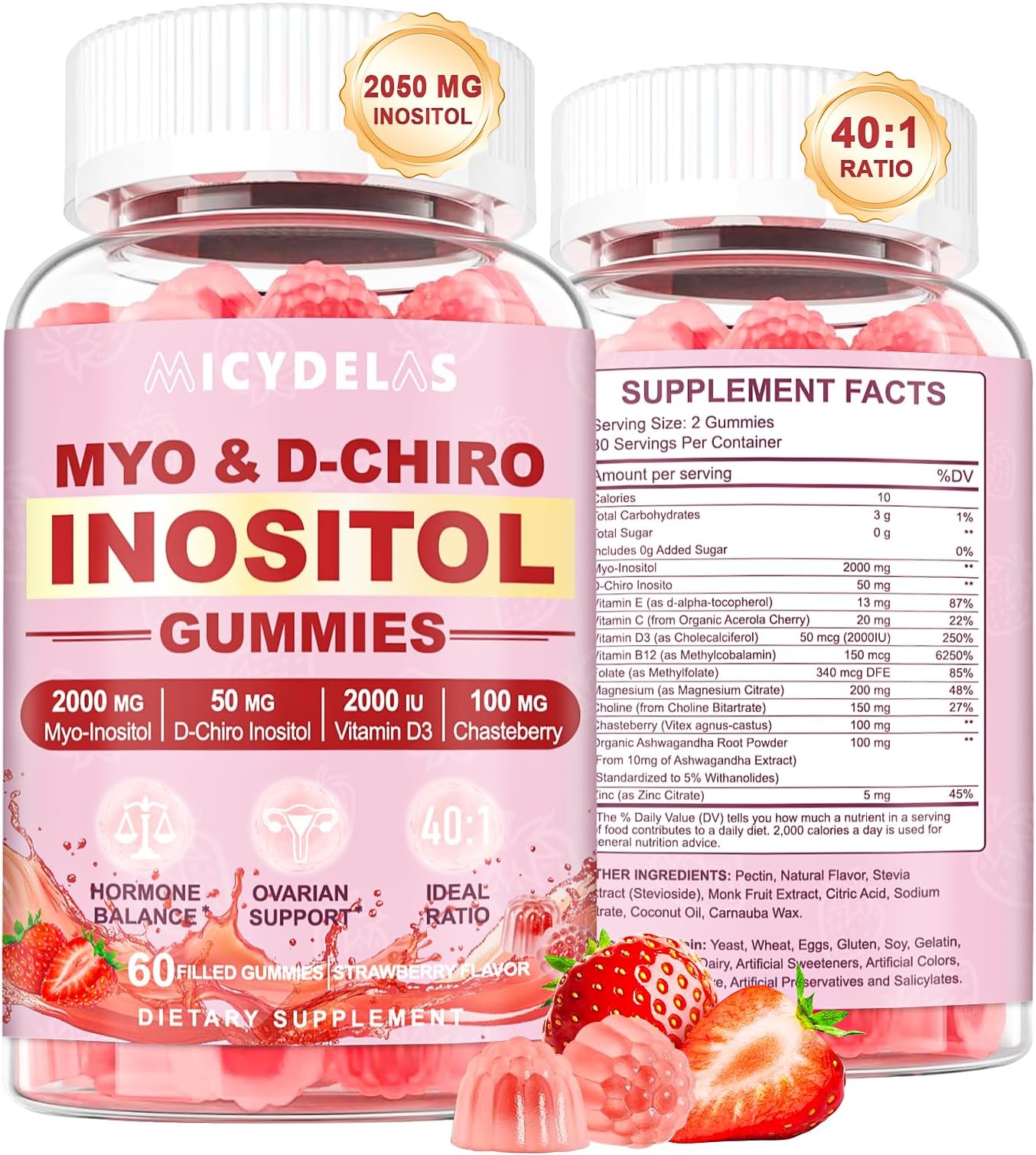 Myo-Inositol & D-Chiro Inositol Gummies Supplement for Women 2000mg + 50mg Ideal 40:1 Ratio with Magnesium and Vitamin D3 for Female Hormone Balance & Wellness, Vegan, Gelatin-Free, 60 Gummies