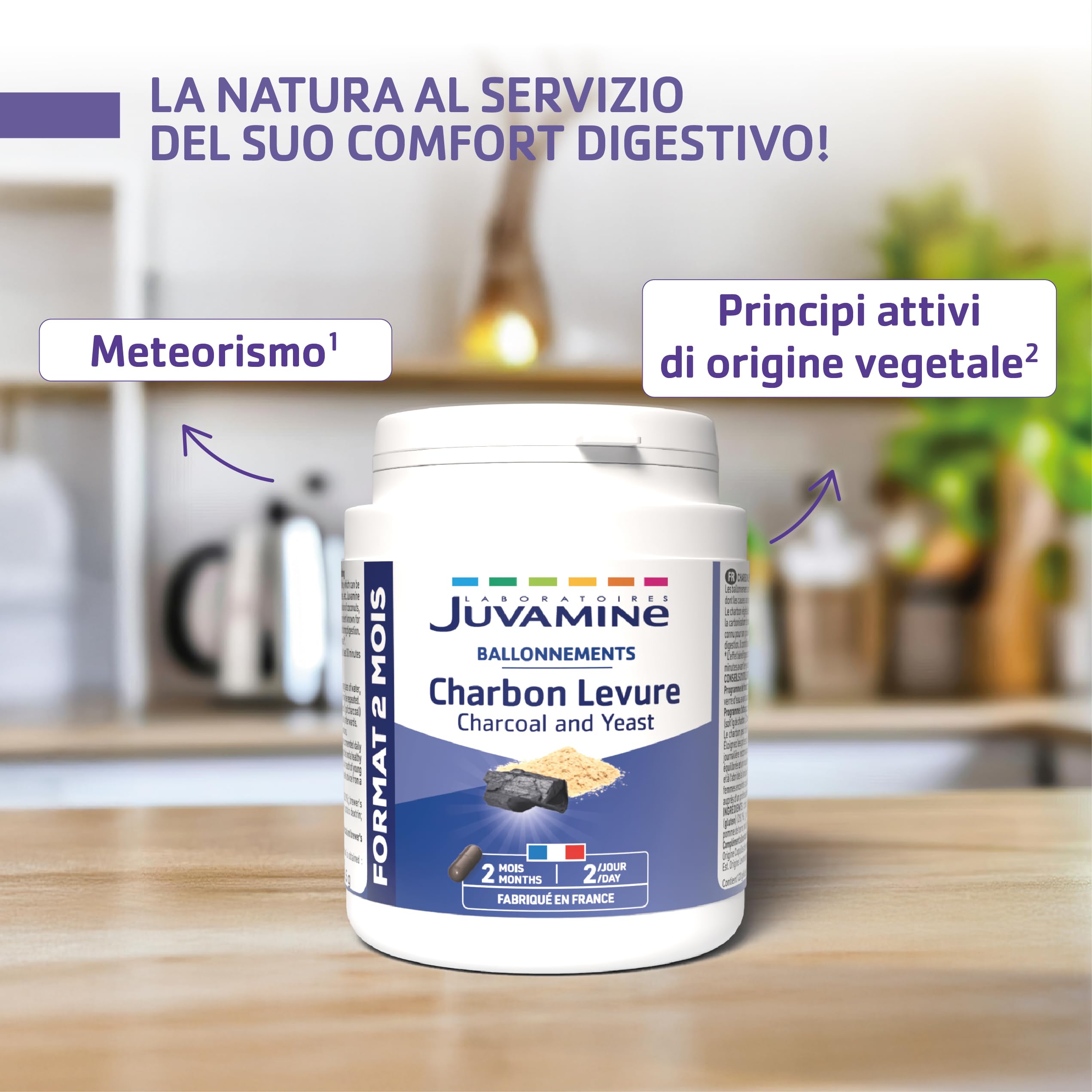 JUVAMINE - Digestione - Carbone di lievito - Gas intestinale - Aiuta a ridurre l'eccesso di flatulenza - Formato Maxi - 2 mesi - 120 Capsule - Prodotto in Francia