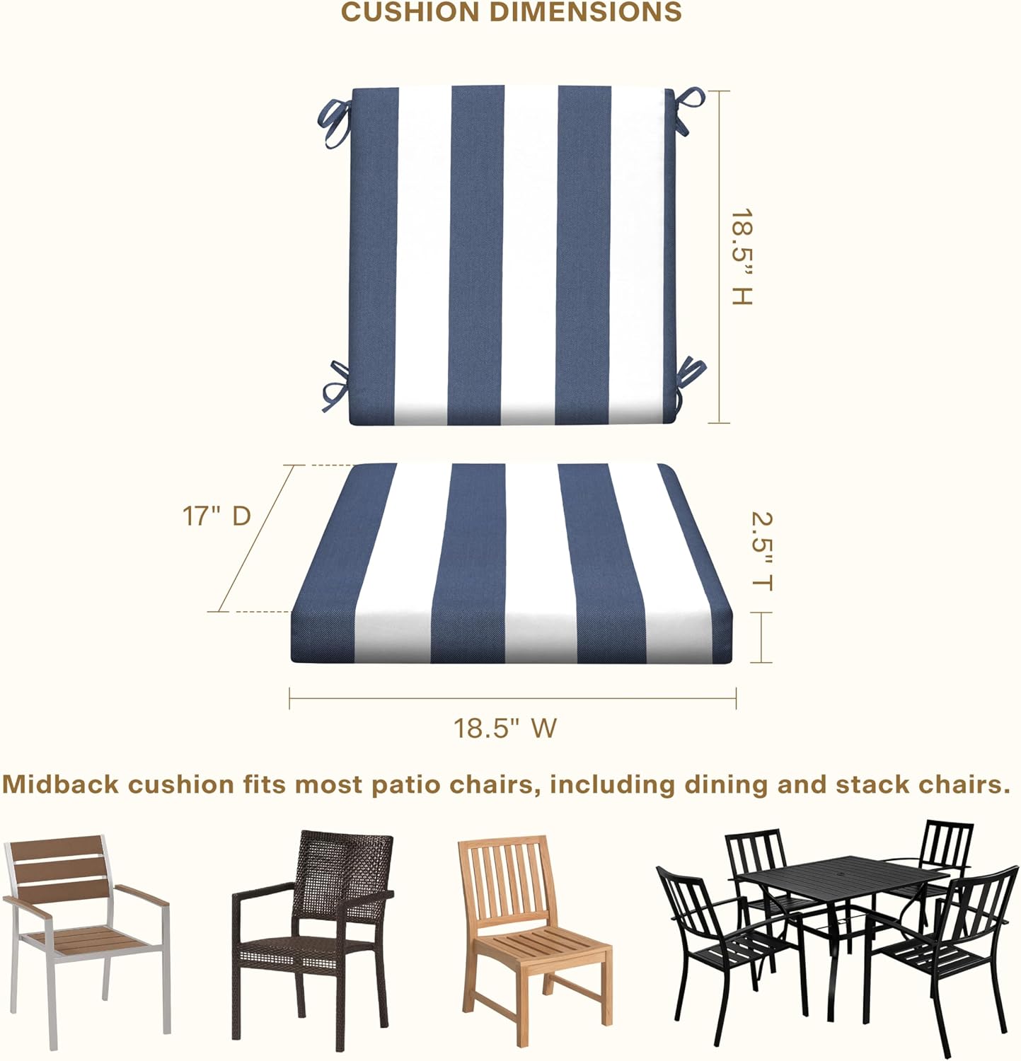 Honeycomb Outdoor Midback, 18.5 x 17, Cabana Stripe Blue & White Chair Cushion for Outdoor Patio Furniture